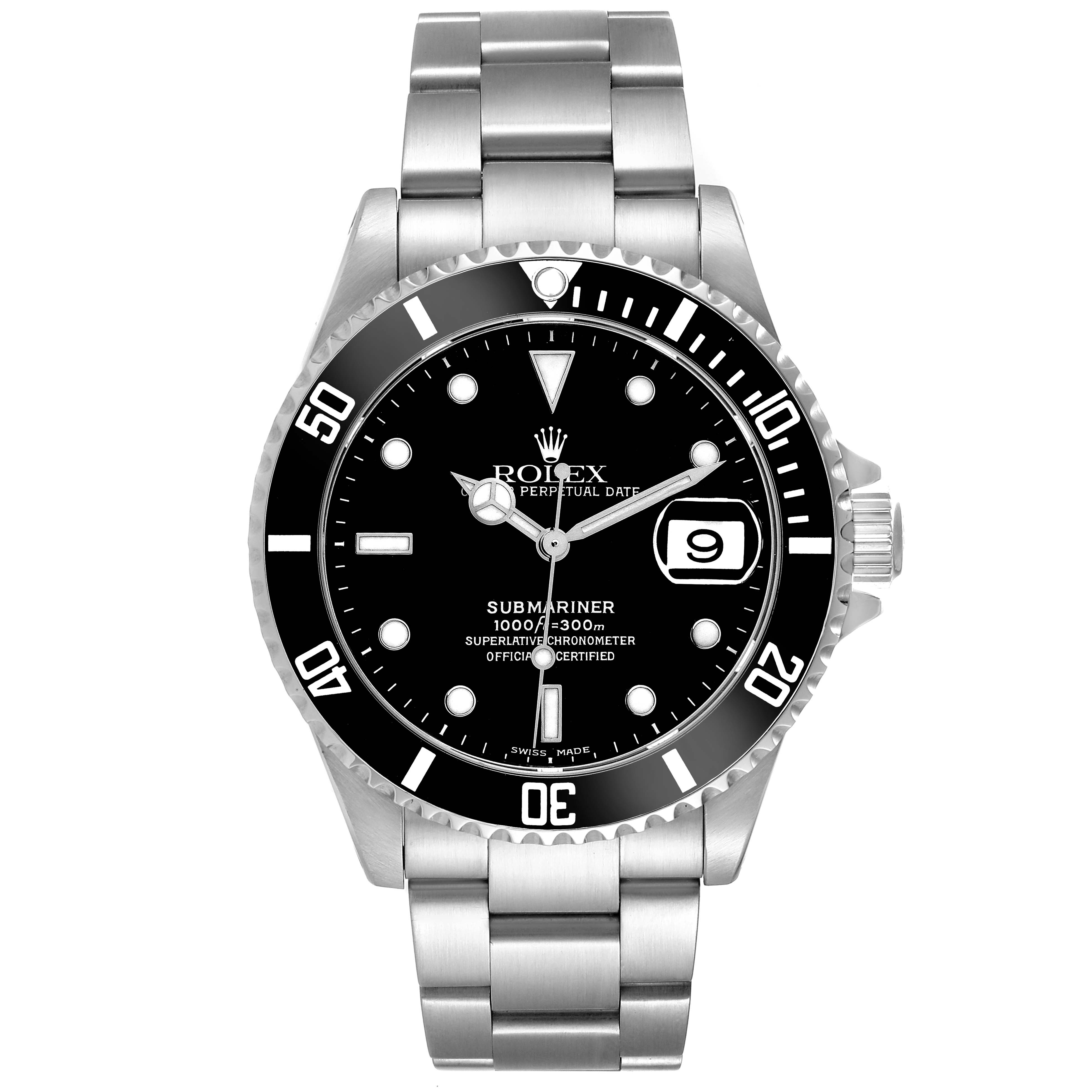 The image shows the Rolex Submariner model 16610 from the front, displaying the dial, bezel, bracelet, and crown.