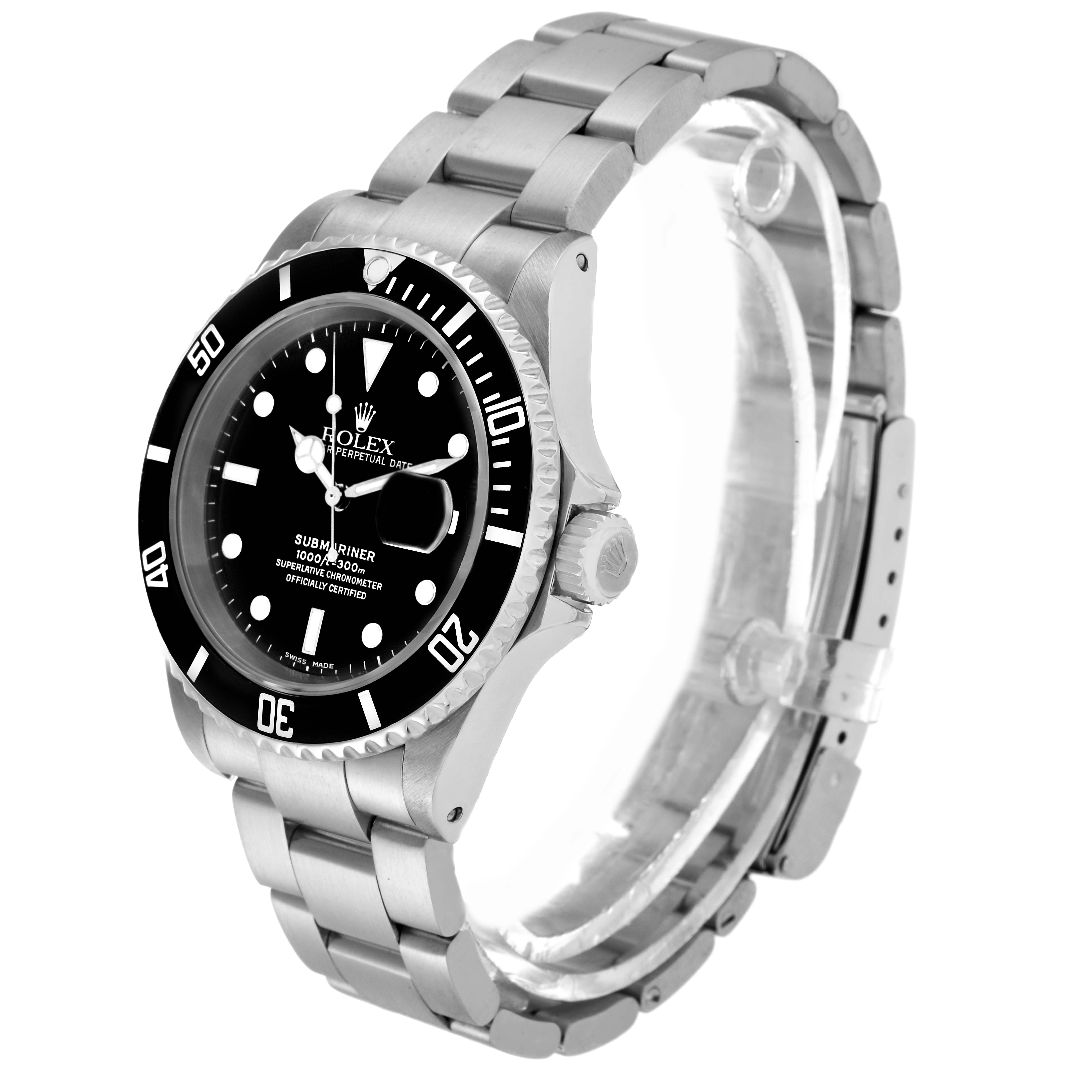 The image shows a side angle of the Rolex Submariner model 16610, with a focus on the watch face, bezel, and stainless steel bracelet.