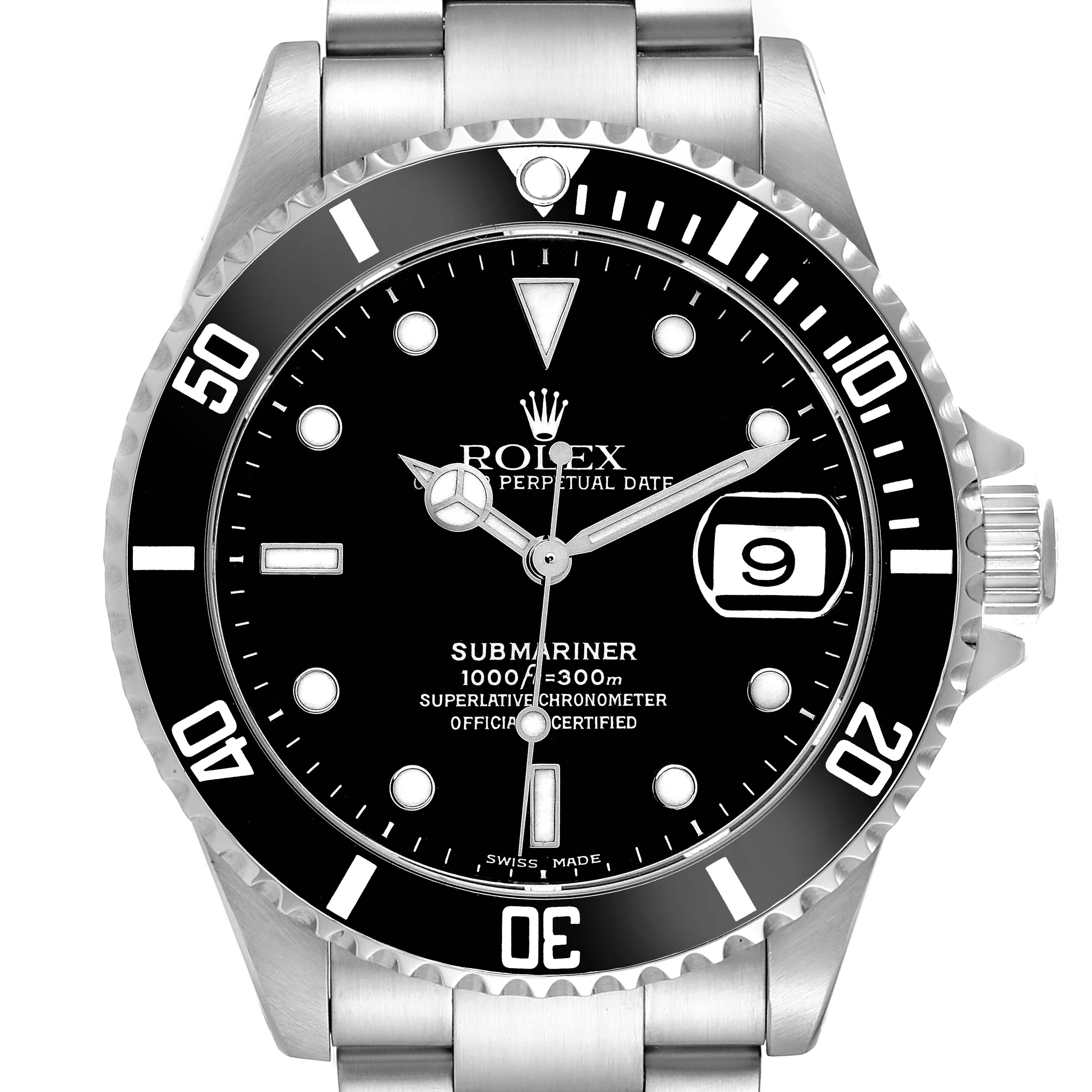 The Rolex Submariner model 16610 is shown from the front, highlighting the dial, bezel, and bracelet.