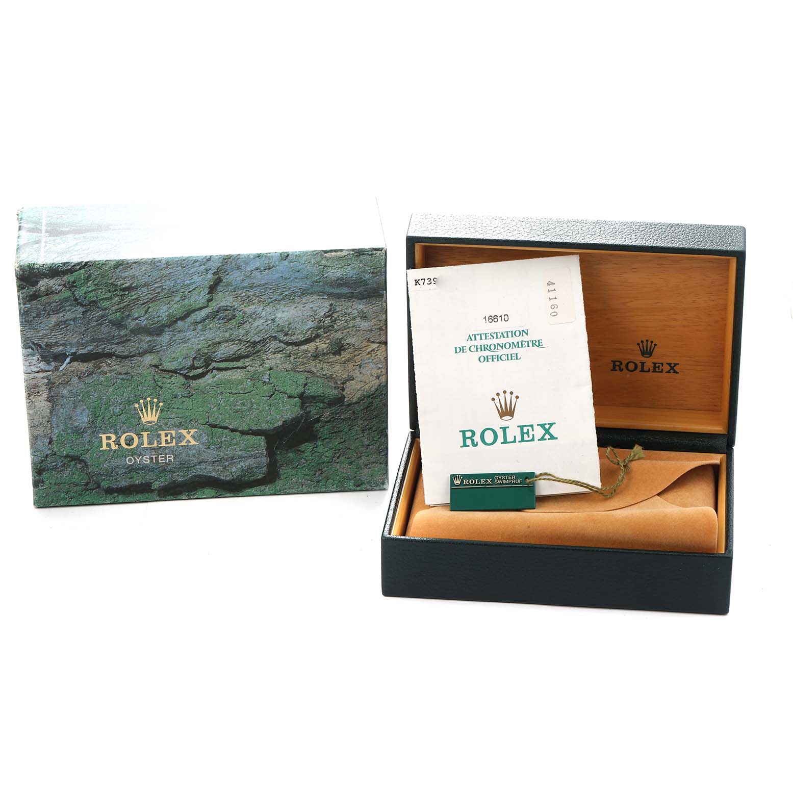 The image shows the packaging and documentation for a Rolex Submariner model 16610 men
s watch, including the box and certificate.