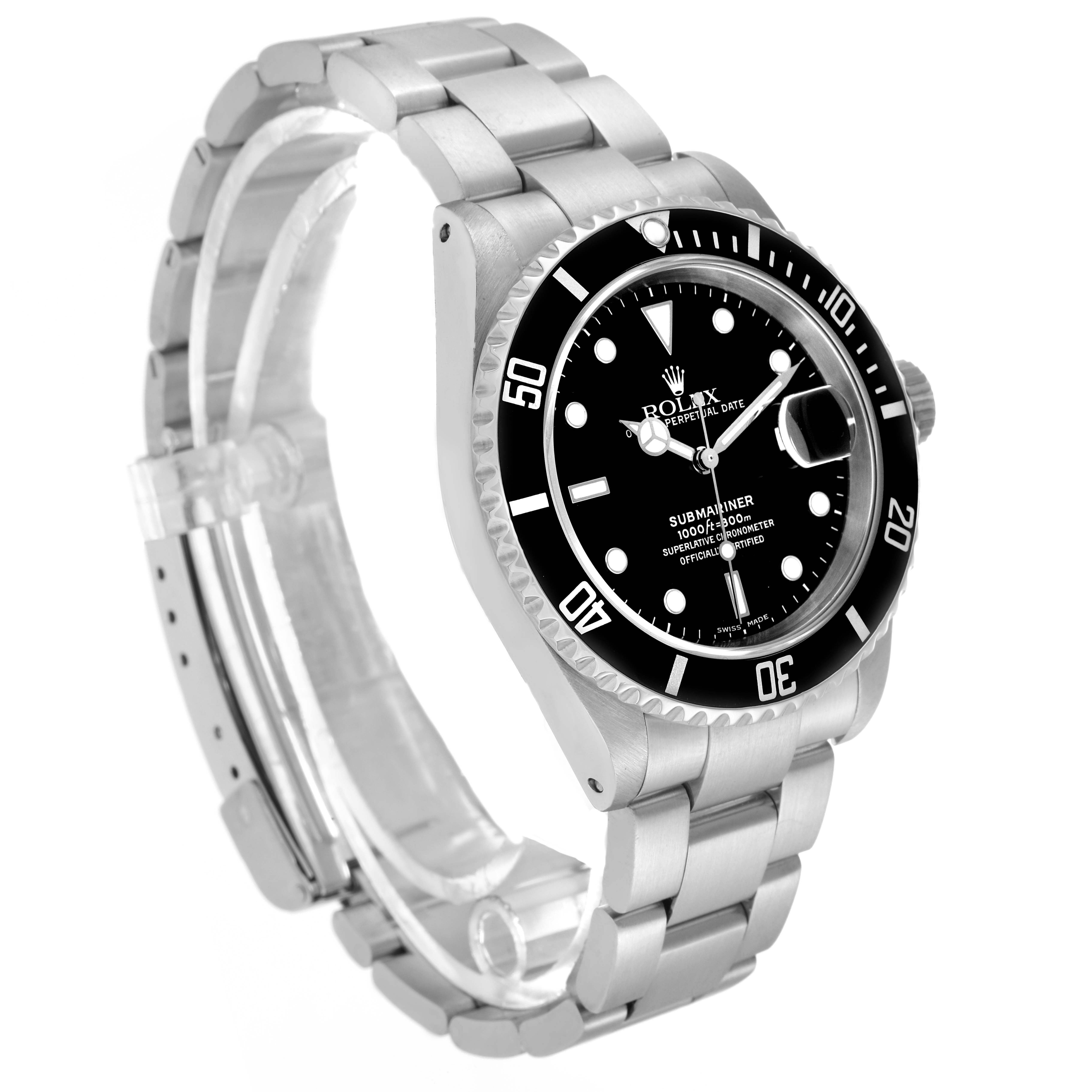 The Rolex Submariner model 16610 is shown at an angled view, highlighting the black dial, bezel, and stainless steel bracelet.