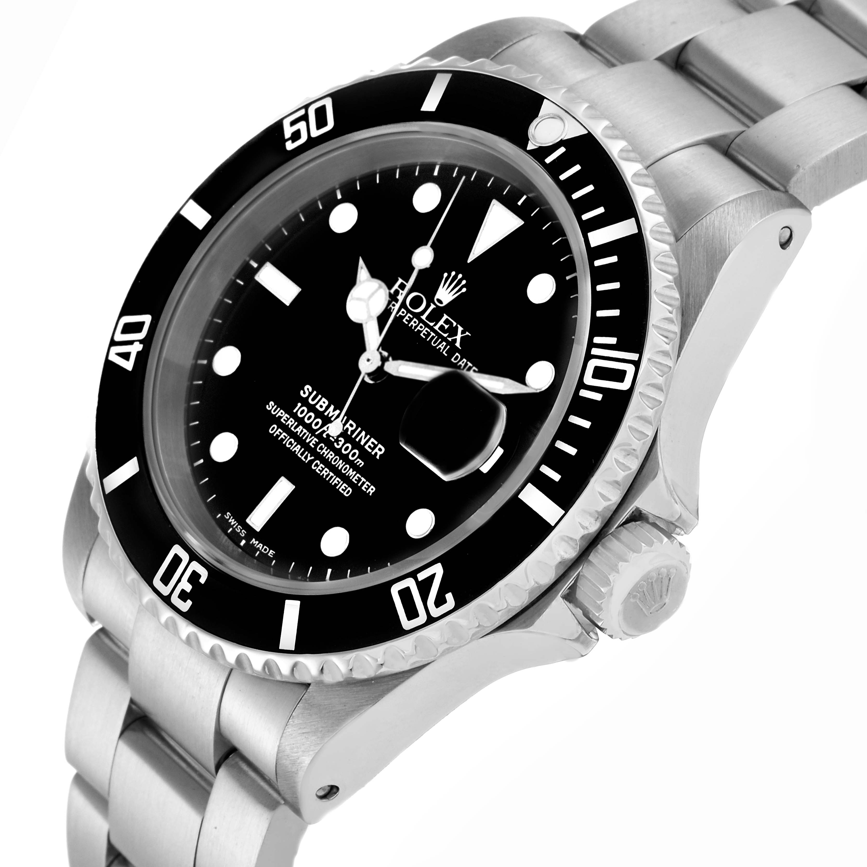 The Rolex Submariner model 16610 is shown at an angle highlighting its black dial, bezel, and stainless steel bracelet.