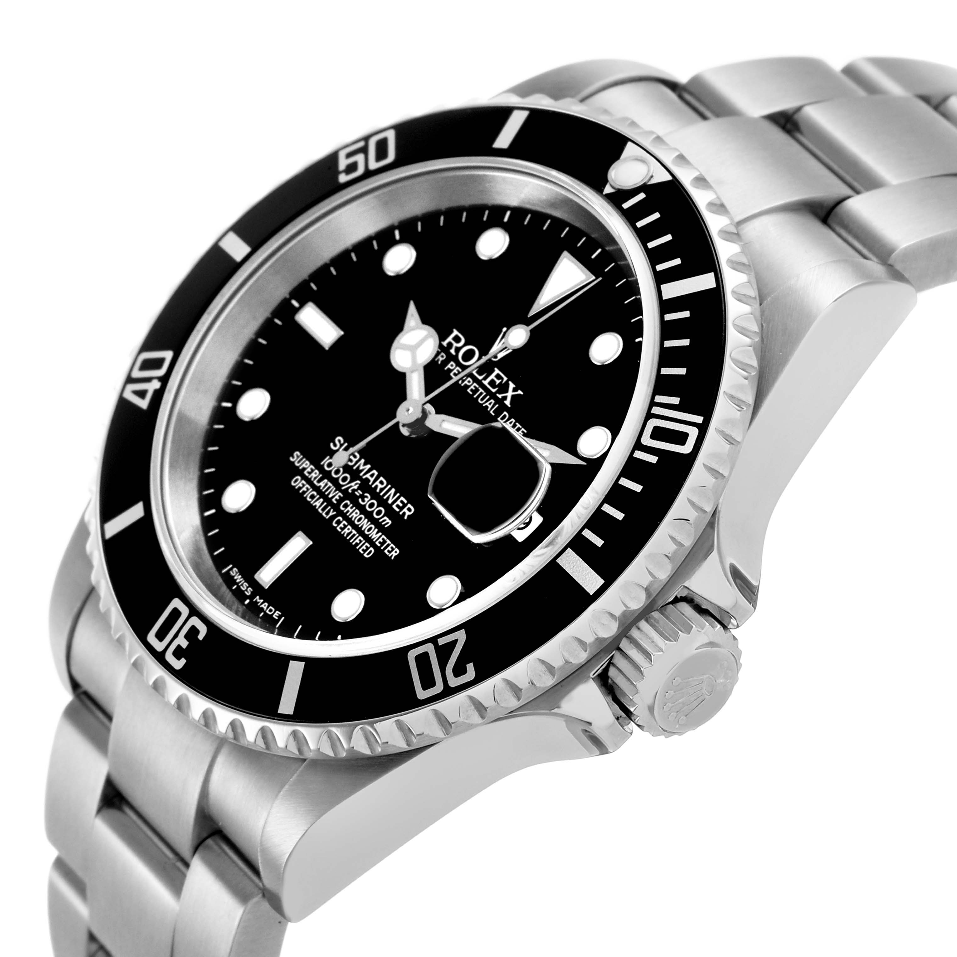 The Rolex Submariner 16610 Men's Stainless Steel Black Dial watch is viewed at an angle showcasing its bezel, dial, crown, and stainless steel bracelet.