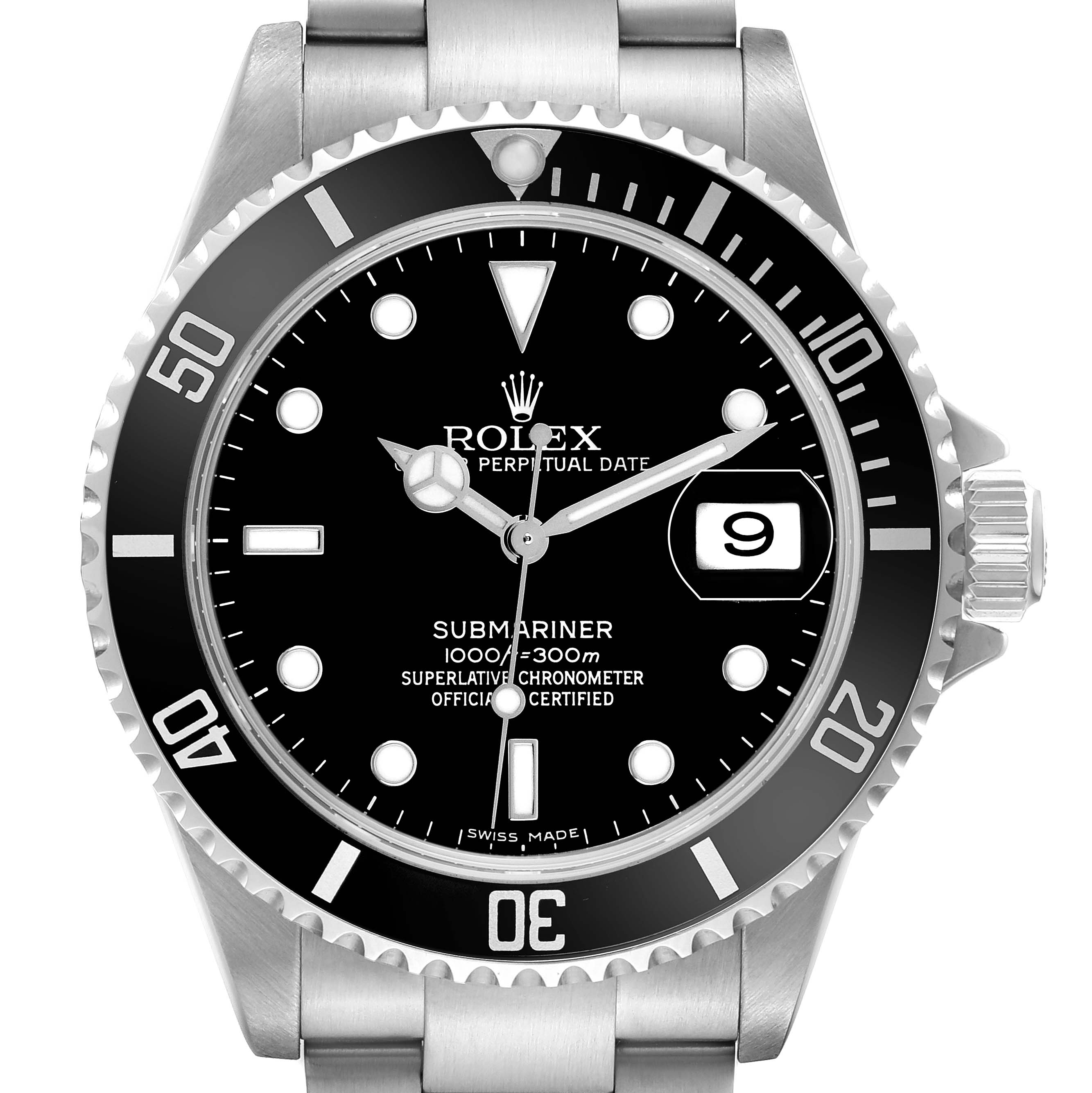 The Rolex Submariner 16610 Men's Stainless Steel Black Dial watch is shown from a front angle, displaying the dial, bezel, crown, and part of the bracelet.