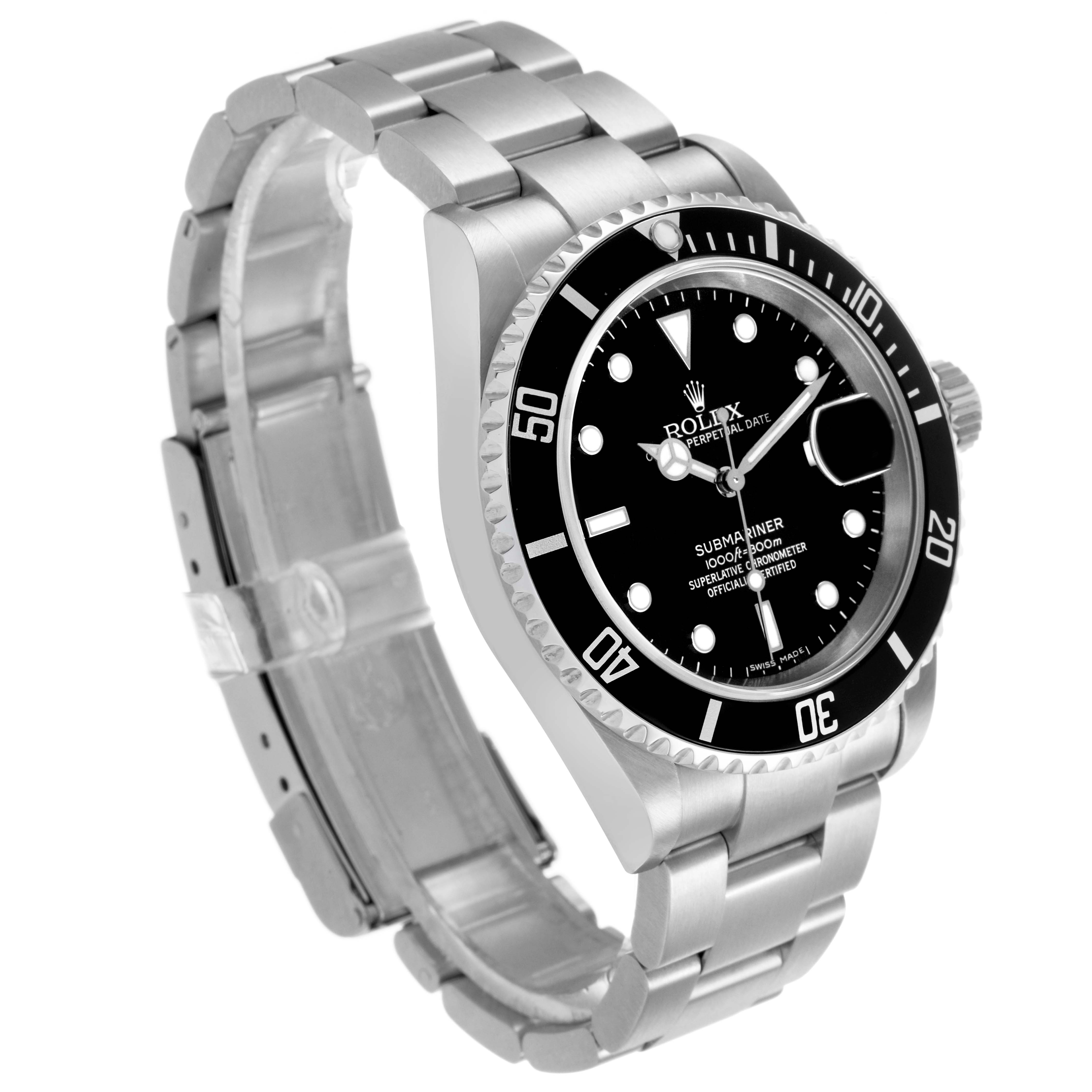 The Rolex Submariner 16610 Men's Stainless Steel Black Dial watch is shown at a three-quarters angle, highlighting the bezel, dial, bracelet, and cyclops lens.