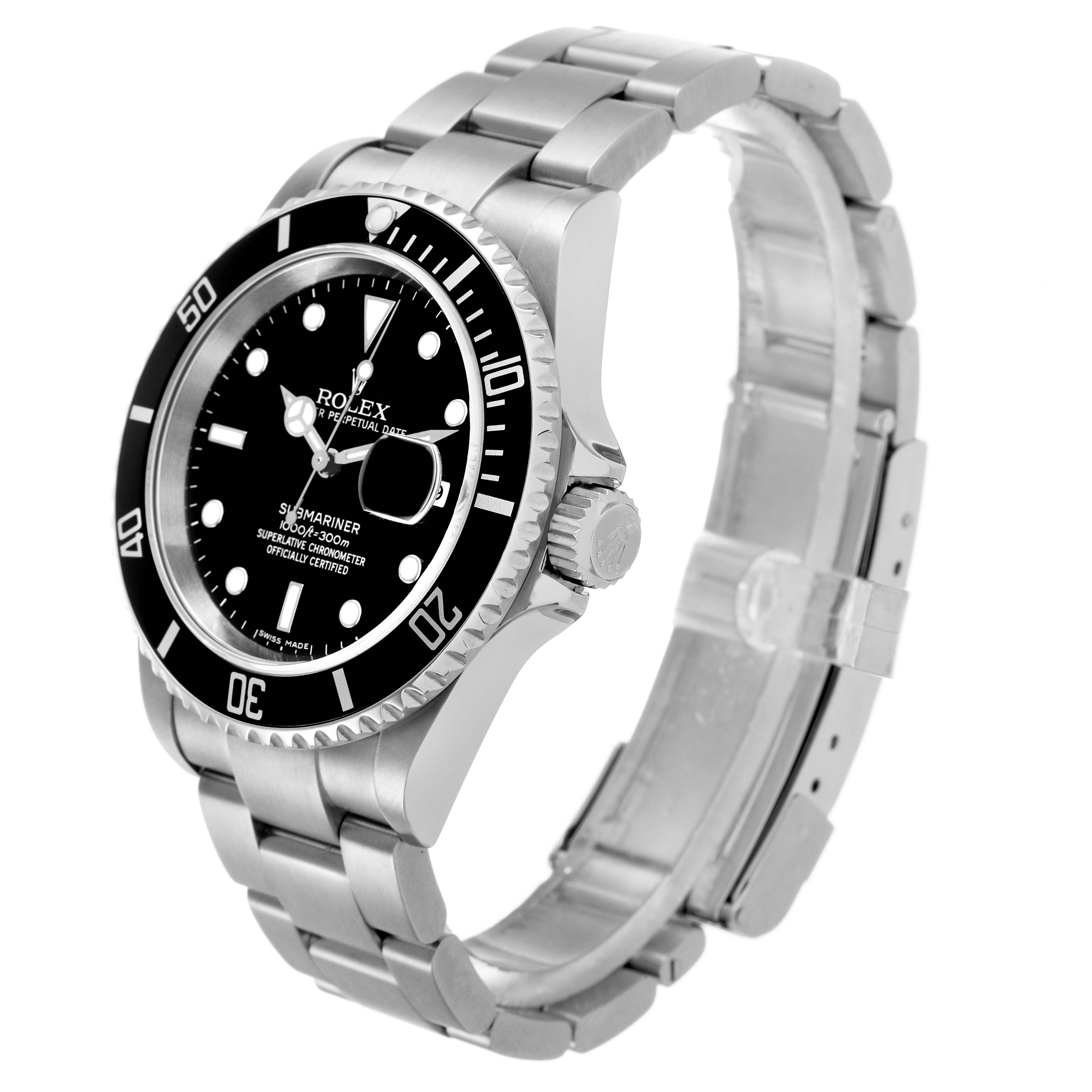 The Rolex Submariner 16610 Men's Stainless Steel Black Dial watch is shown at a three-quarter angle displaying the face, bezel, crown, and bracelet.