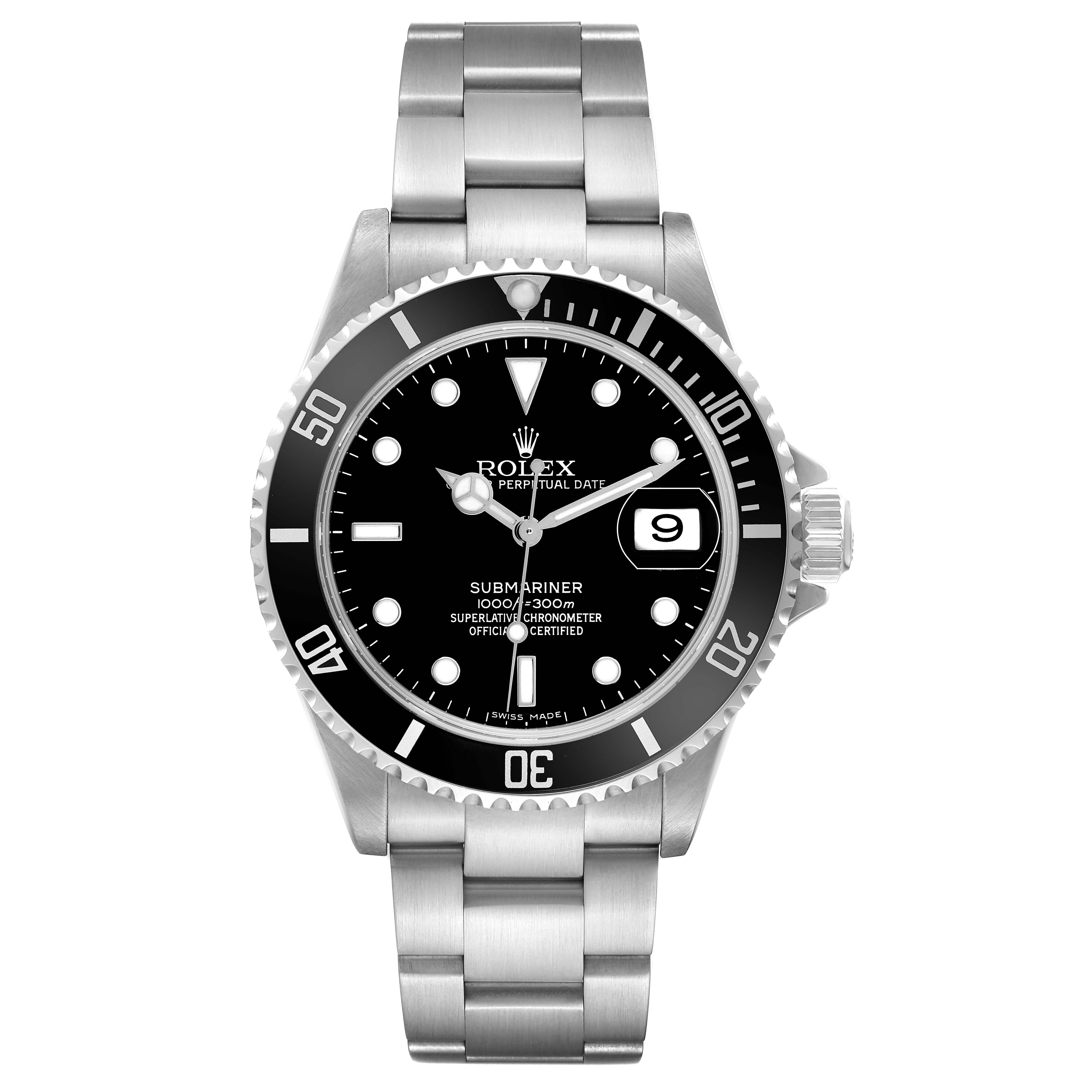 The Rolex Submariner 16610 Men's Stainless Steel Black Dial watch is shown from a front angle, displaying the dial, bezel, and bracelet.
