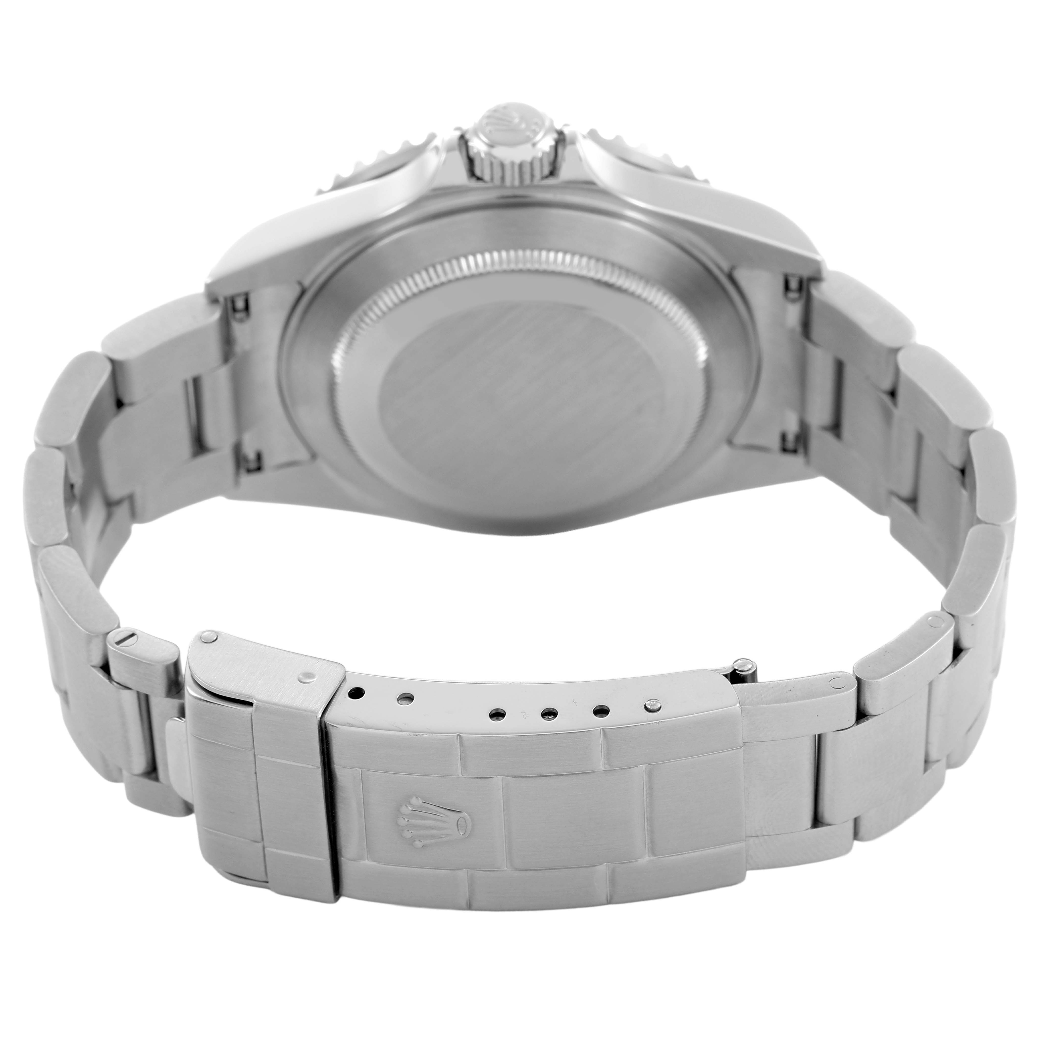 The image shows the back of the Rolex Submariner 16610 Men's Stainless Steel Black Dial, highlighting the bracelet, clasp, and caseback in a side angle.