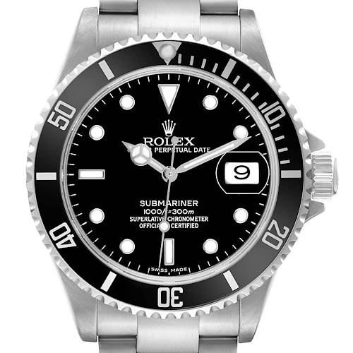 The image shows a front view of a Rolex Submariner 16610 Men's Stainless Steel Black Dial watch, displaying the bezel, dial, hands, and date window.