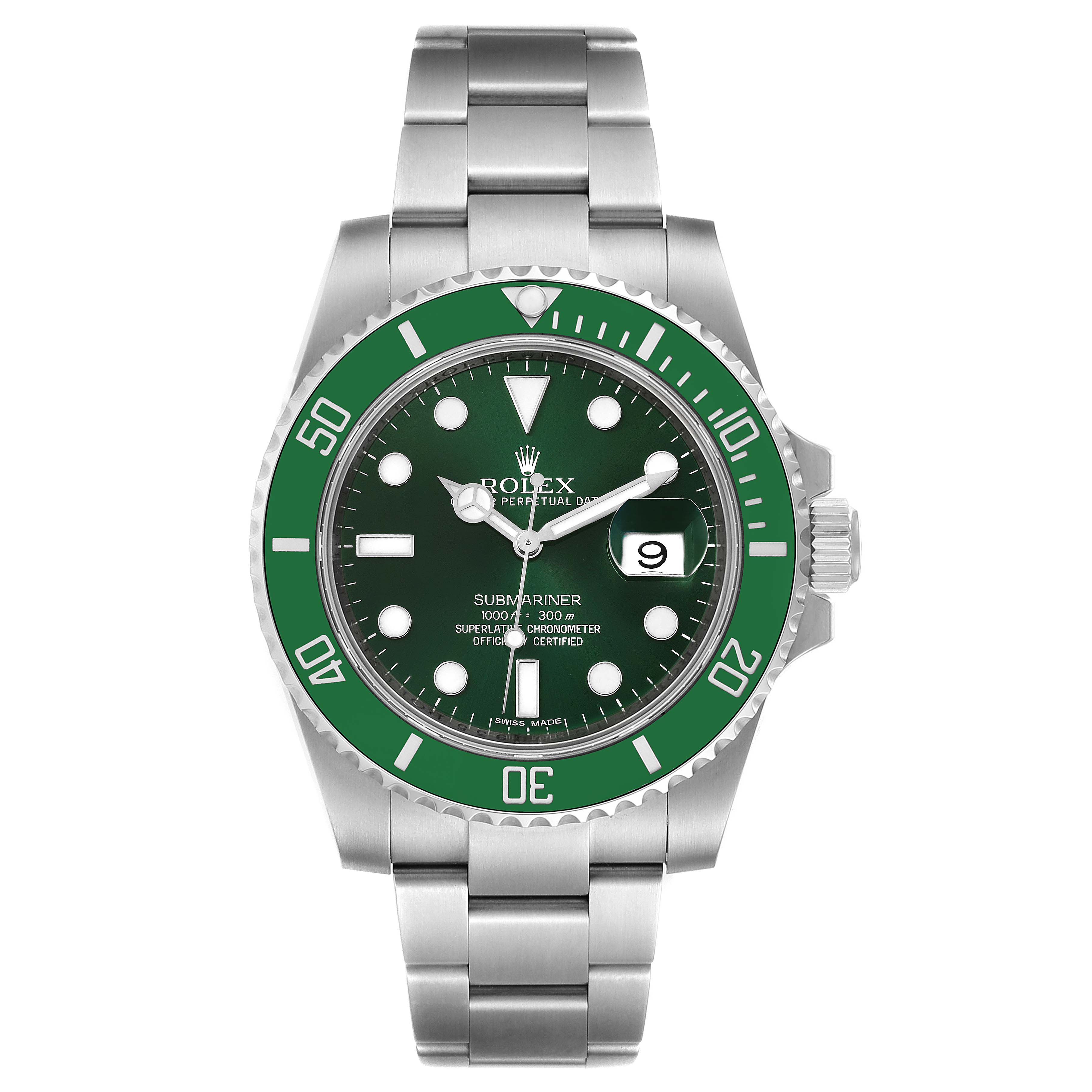 This image shows a front view of a Rolex Submariner 116610LV Men
s Stainless Steel Green Dial 116610LV Men
s Stainless Steel Green Dial watch, displaying its green bezel, dial, and stainless steel bracelet.