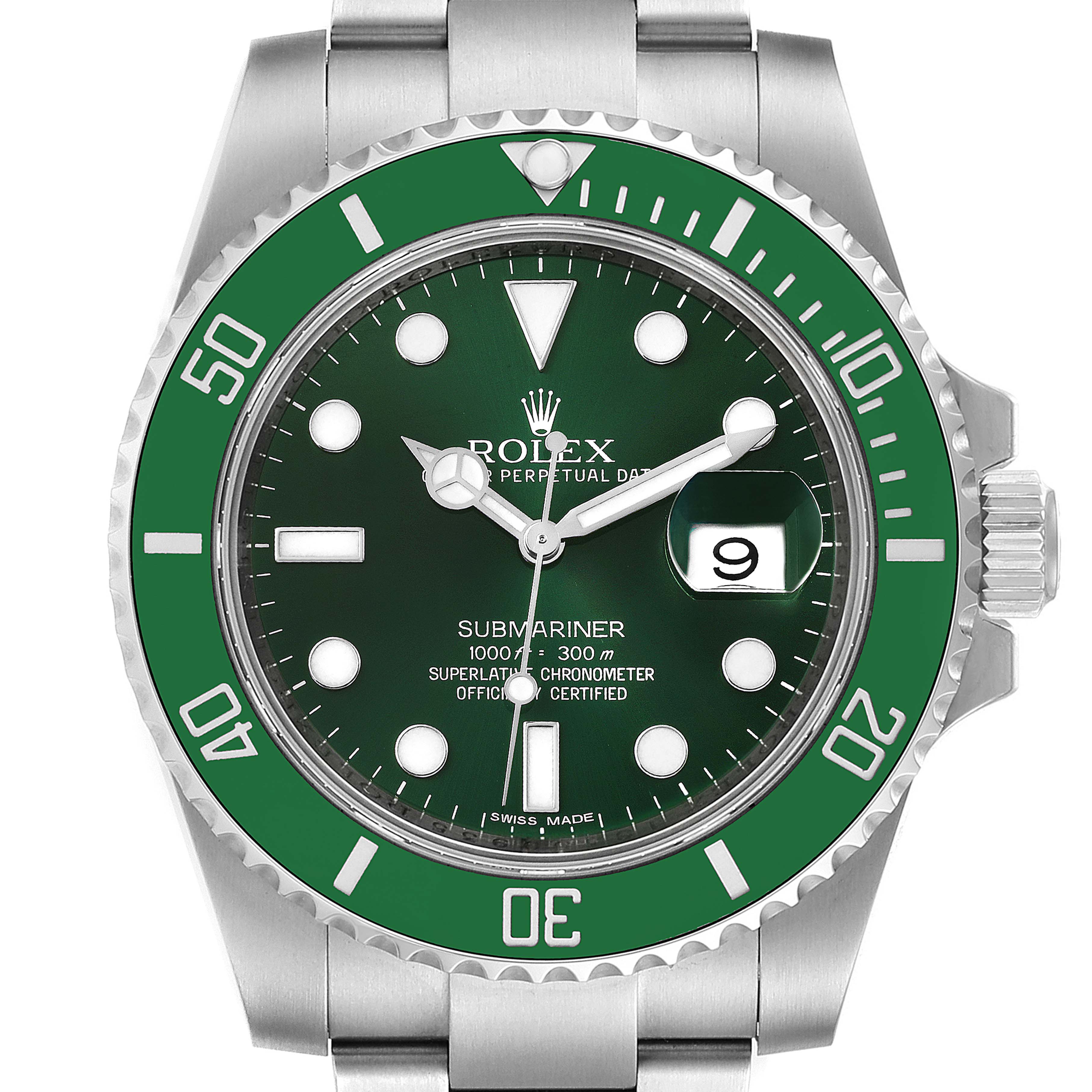 This image shows a front view of the Rolex Submariner 116610LV Men
s Stainless Steel Green Dial 116610LV Men
s Stainless Steel Green Dial watch, highlighting its green bezel, dial, and date window.