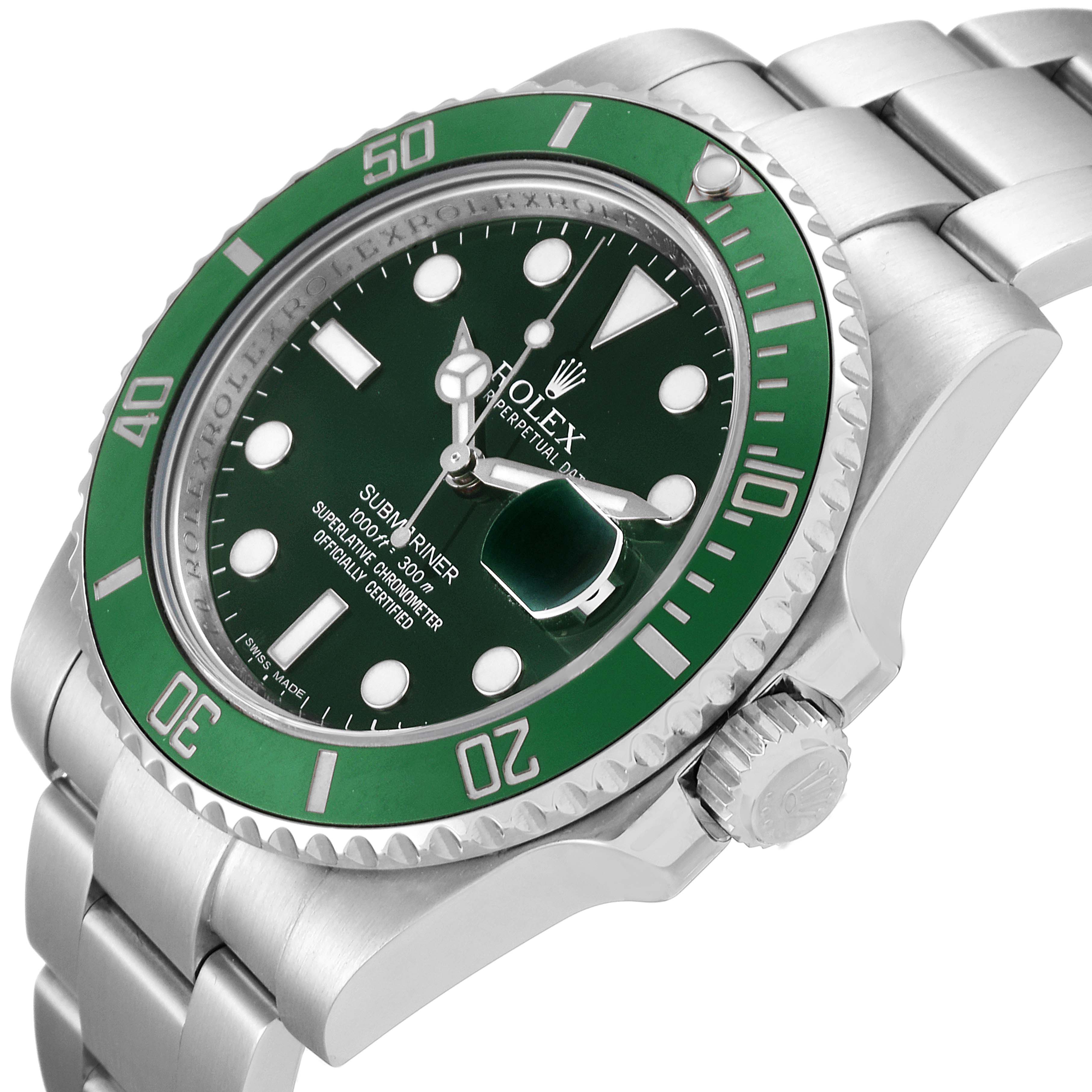 The image shows a close-up angled view of a Rolex Submariner 116610LV Men
s Stainless Steel Green Dial 116610LV Men
s Stainless Steel Green Dial watch, highlighting the dial, bezel, and part of the bracelet.