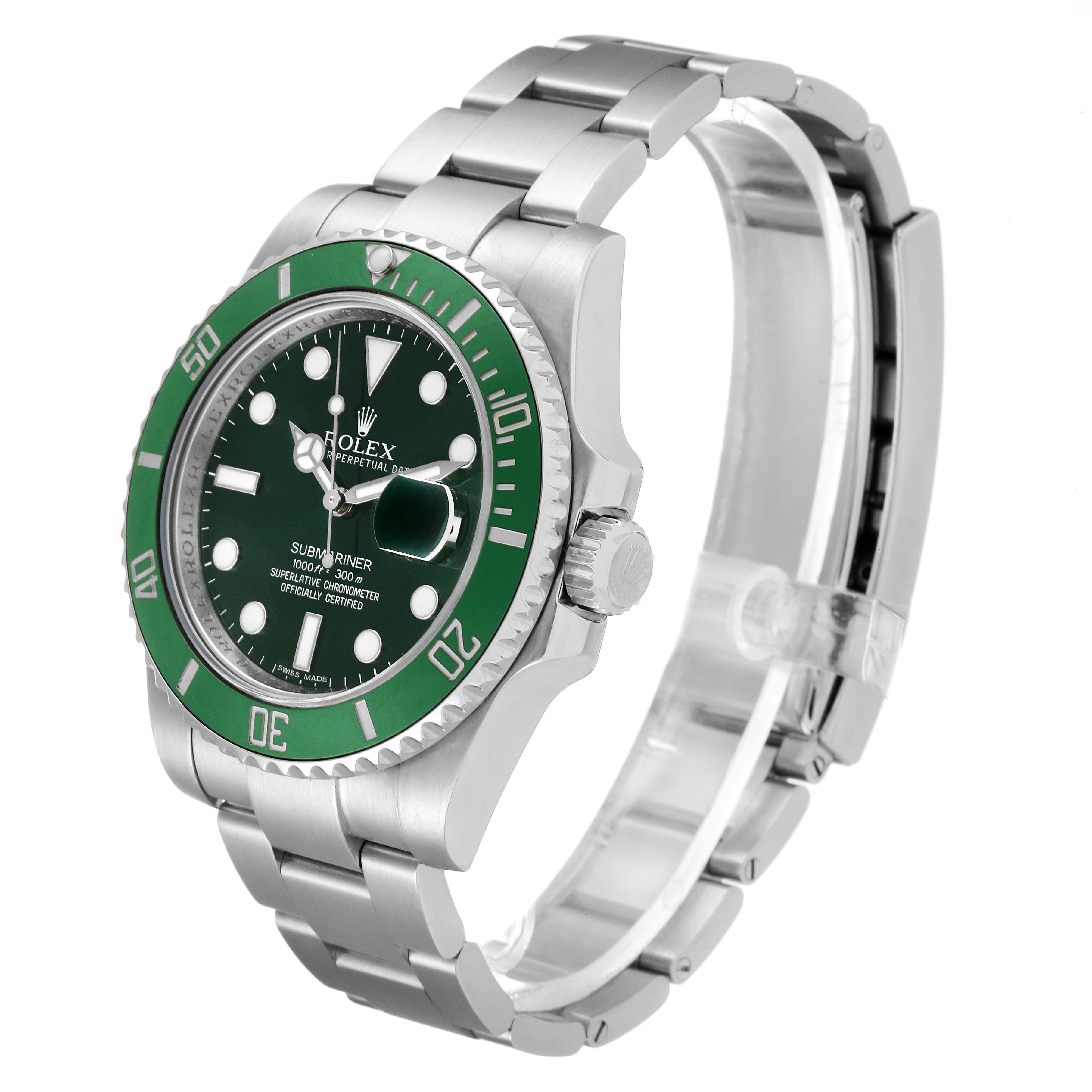 The image shows a Rolex Submariner 116610LV Men
s Stainless Steel Green Dial 116610LV Men
s Stainless Steel Green Dial watch viewed from a front-left angle, displaying the face, bezel, crown, and bracelet.
