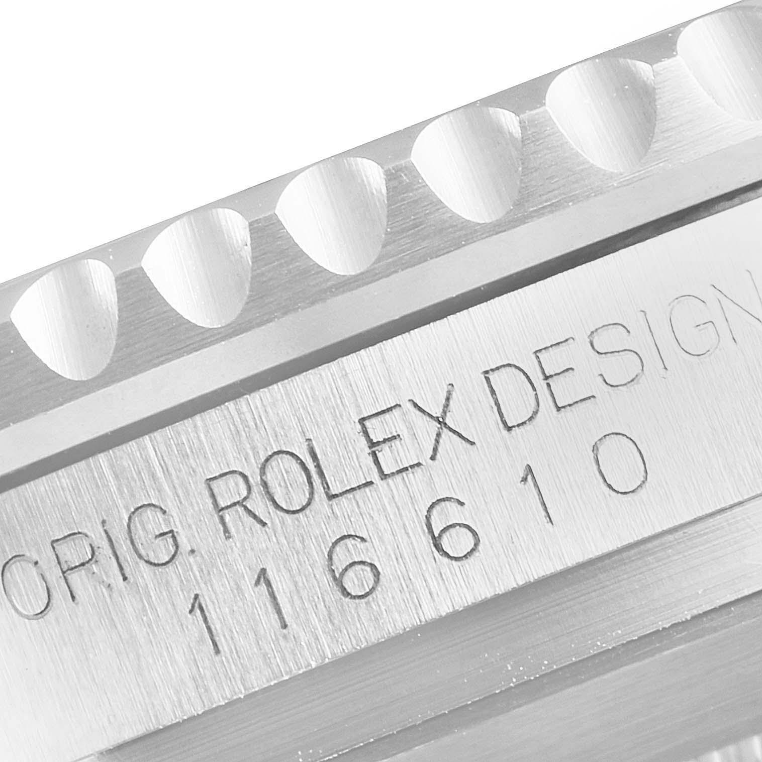 The image shows a close-up of the side of a Rolex Submariner 116610LV Men
s Stainless Steel Green Dial 116610LV Men
s Stainless Steel Green Dial, displaying the model number and part of the bezel.