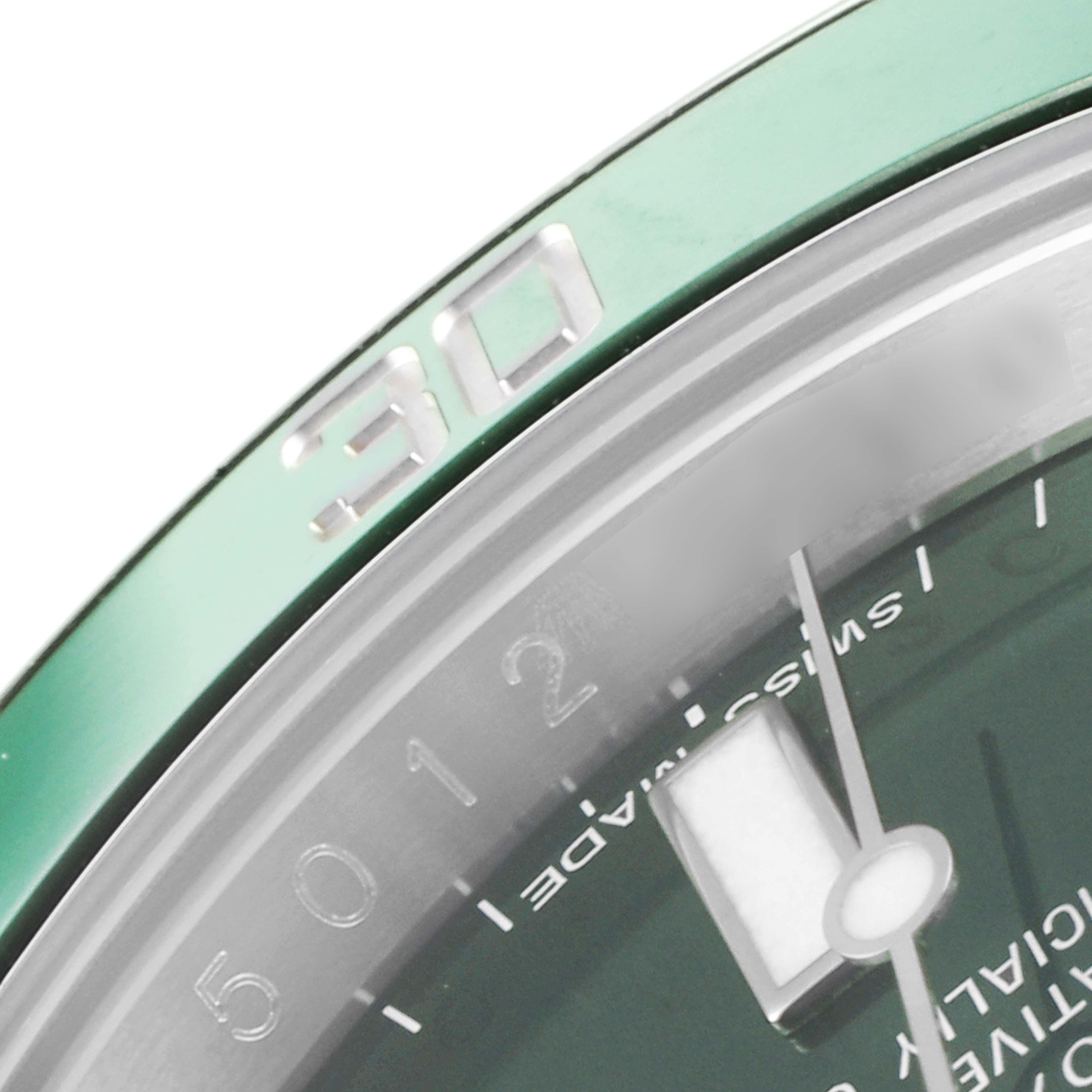 This close-up image showcases part of the green bezel and dial of a Rolex Submariner 116610LV Men
s Stainless Steel Green Dial 116610LV Men
s Stainless Steel Green Dial watch, highlighting the 30-minute mark.