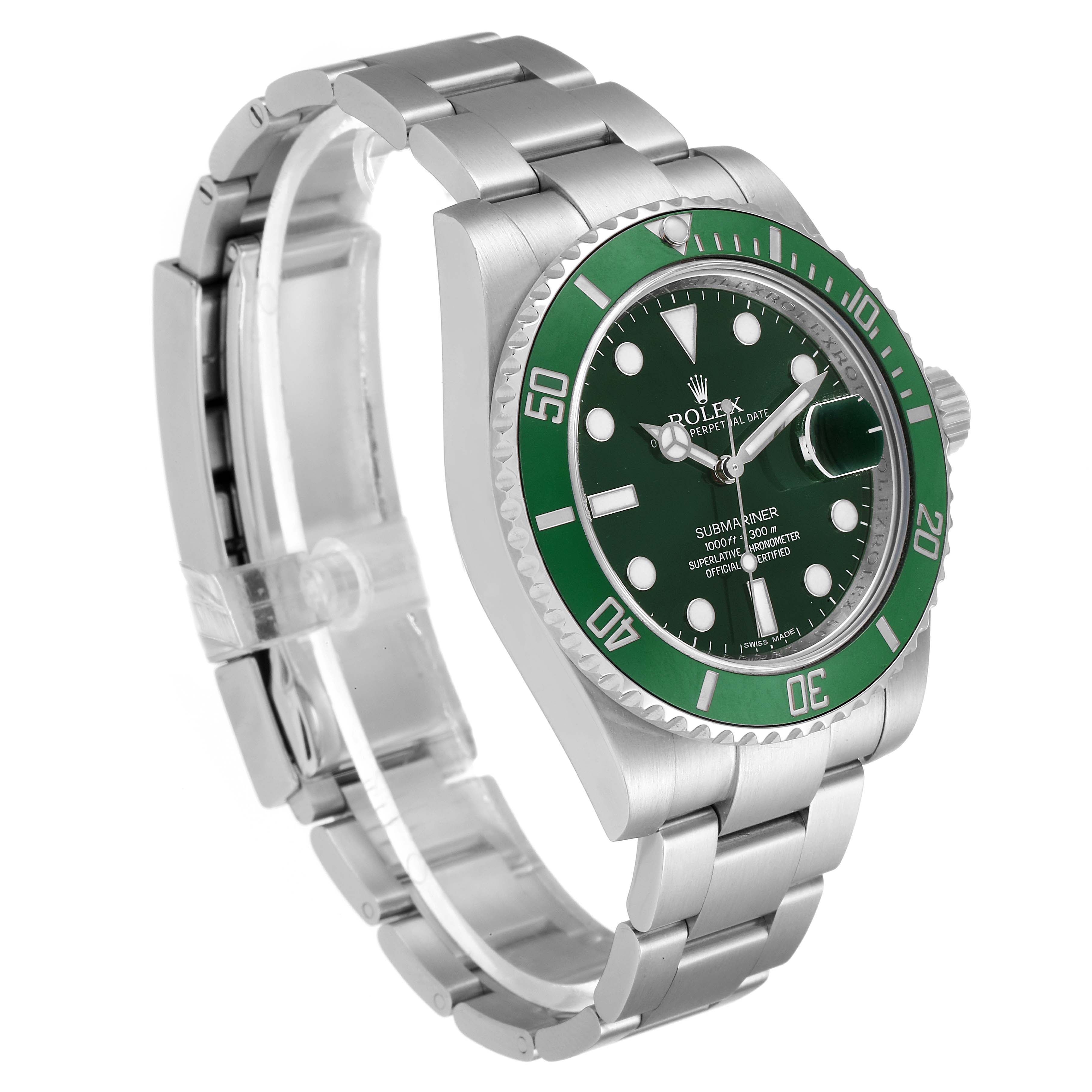 The image shows a Rolex Submariner 116610LV Men
s Stainless Steel Green Dial 116610LV Men
s Stainless Steel Green Dial watch at a slight side angle, displaying the bracelet and green dial.