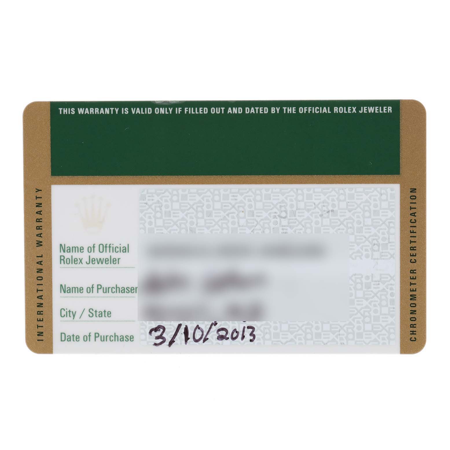 This image shows a Rolex international warranty card with details for a Submariner model, featuring the purchase date and dealer information.