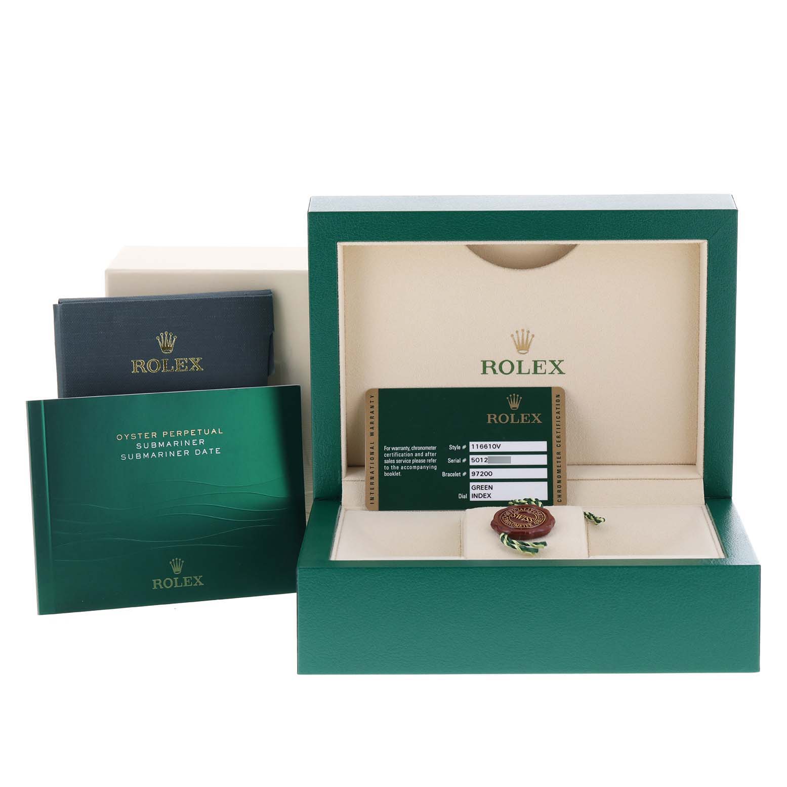 The image shows the box, manuals, warranty card, and accessories for a Rolex Submariner 116610LV Men
s Stainless Steel Green Dial 116610LV Men
s Stainless Steel Green Dial watch.