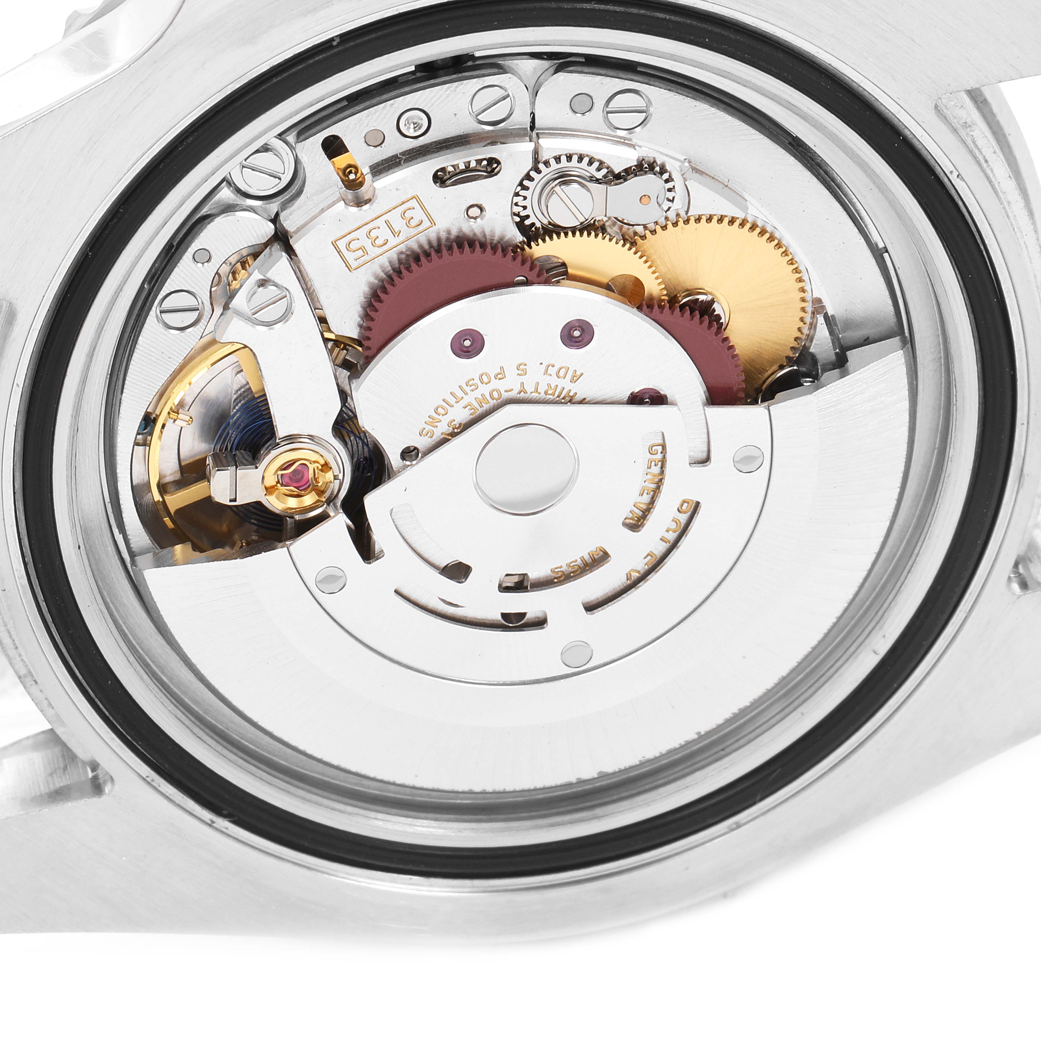 This image shows the inner mechanical movement of a Rolex Submariner 116610LV Men
s Stainless Steel Green Dial 116610LV Men
s Stainless Steel Green Dial watch from the back.