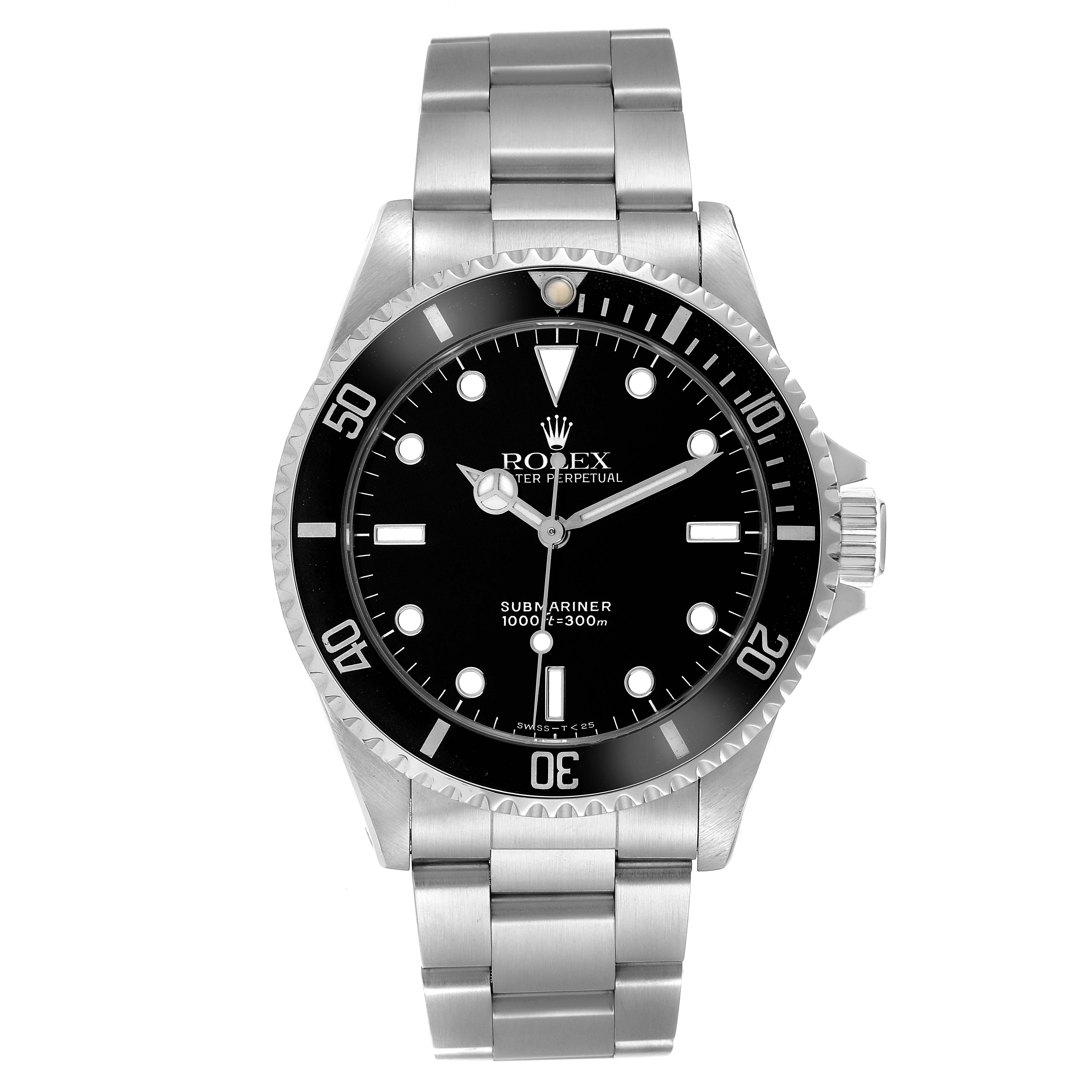 The Rolex Submariner model 14060 is shown from the front, highlighting the dial, bezel, and bracelet.
