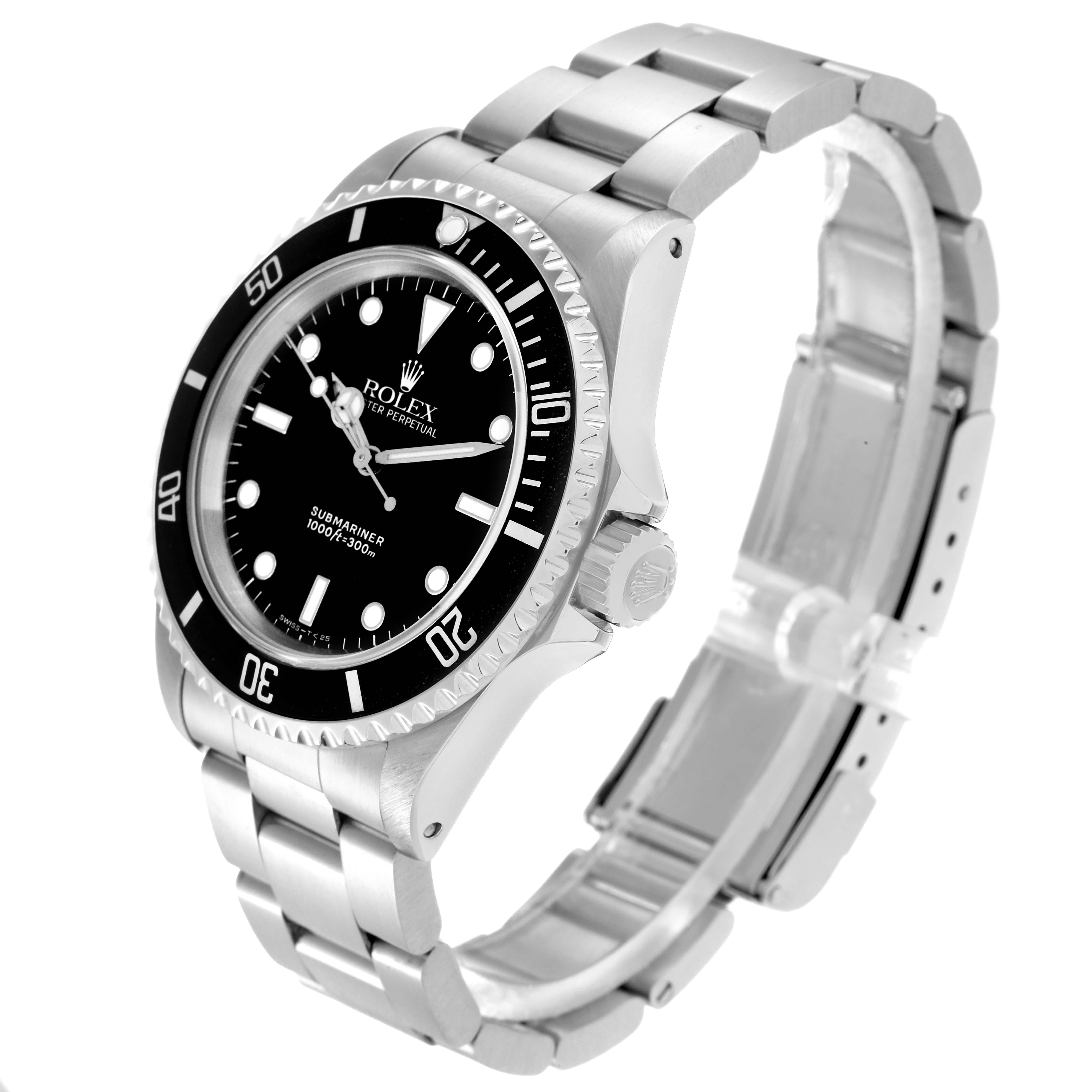 The Rolex Submariner model 14060 watch is shown at an angled side view, displaying the face, bezel, crown, and metal bracelet.