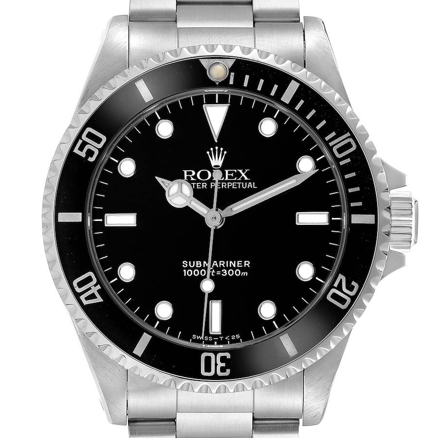 The Rolex Submariner model 14060 men's watch is shown from a front angle, displaying the dial, bezel, and part of the bracelet.