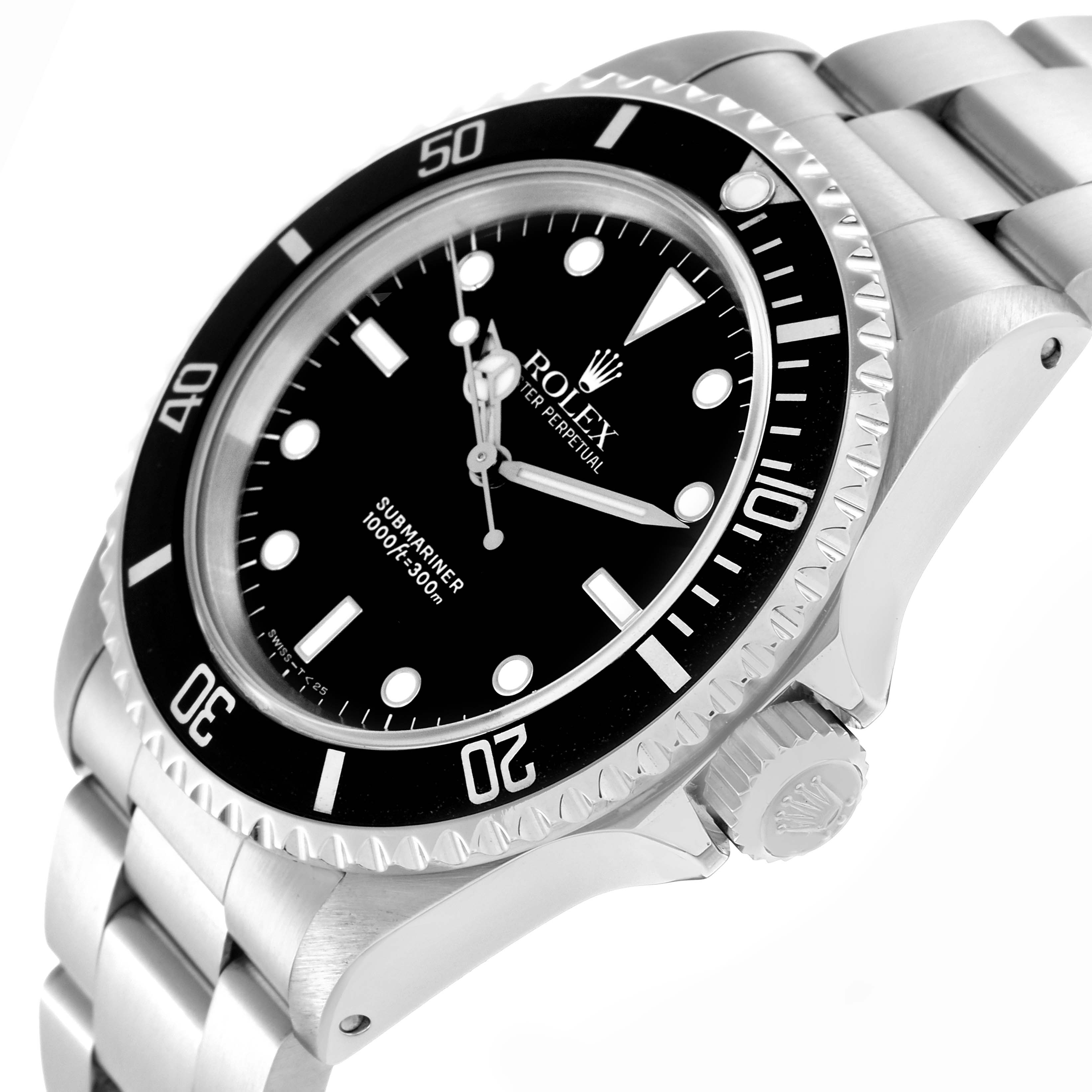 The image shows a Rolex Submariner model 14060 from a side angle, highlighting the bezel, dial, watch face, case, and part of the bracelet.