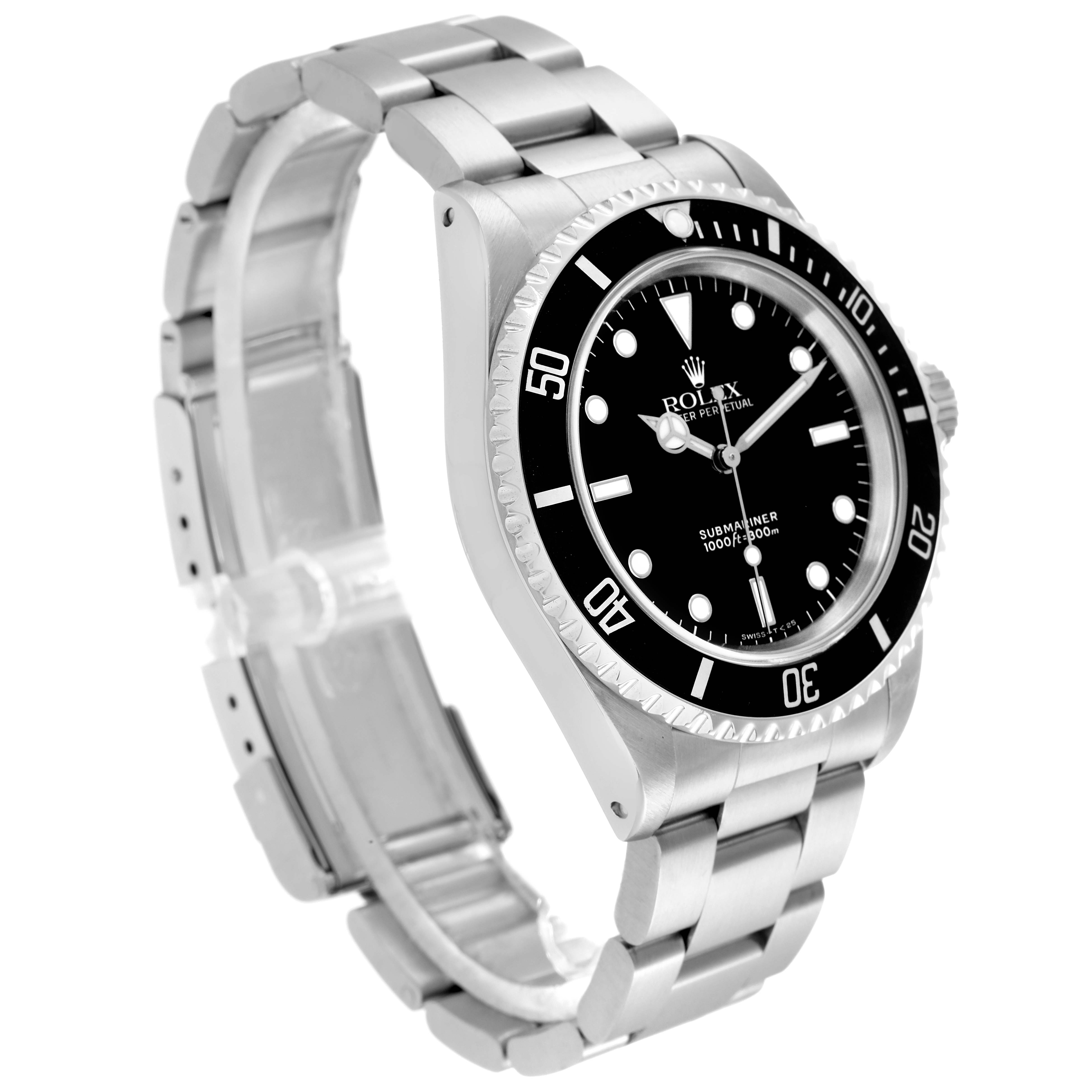 The image shows a side view of the Rolex Submariner, model 14060, highlighting the bracelet, case, and bezel.