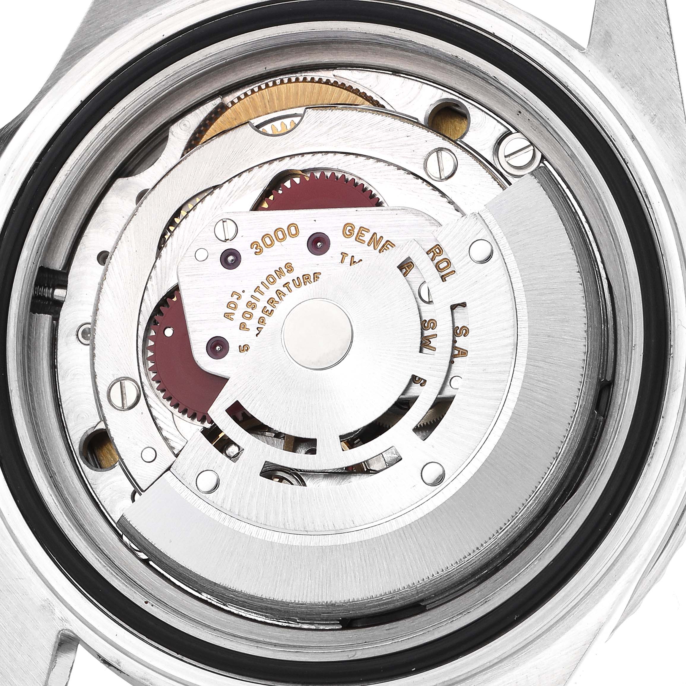 The image shows the case back of a Rolex Submariner model 14060, revealing the intricate movement and rotor mechanism.