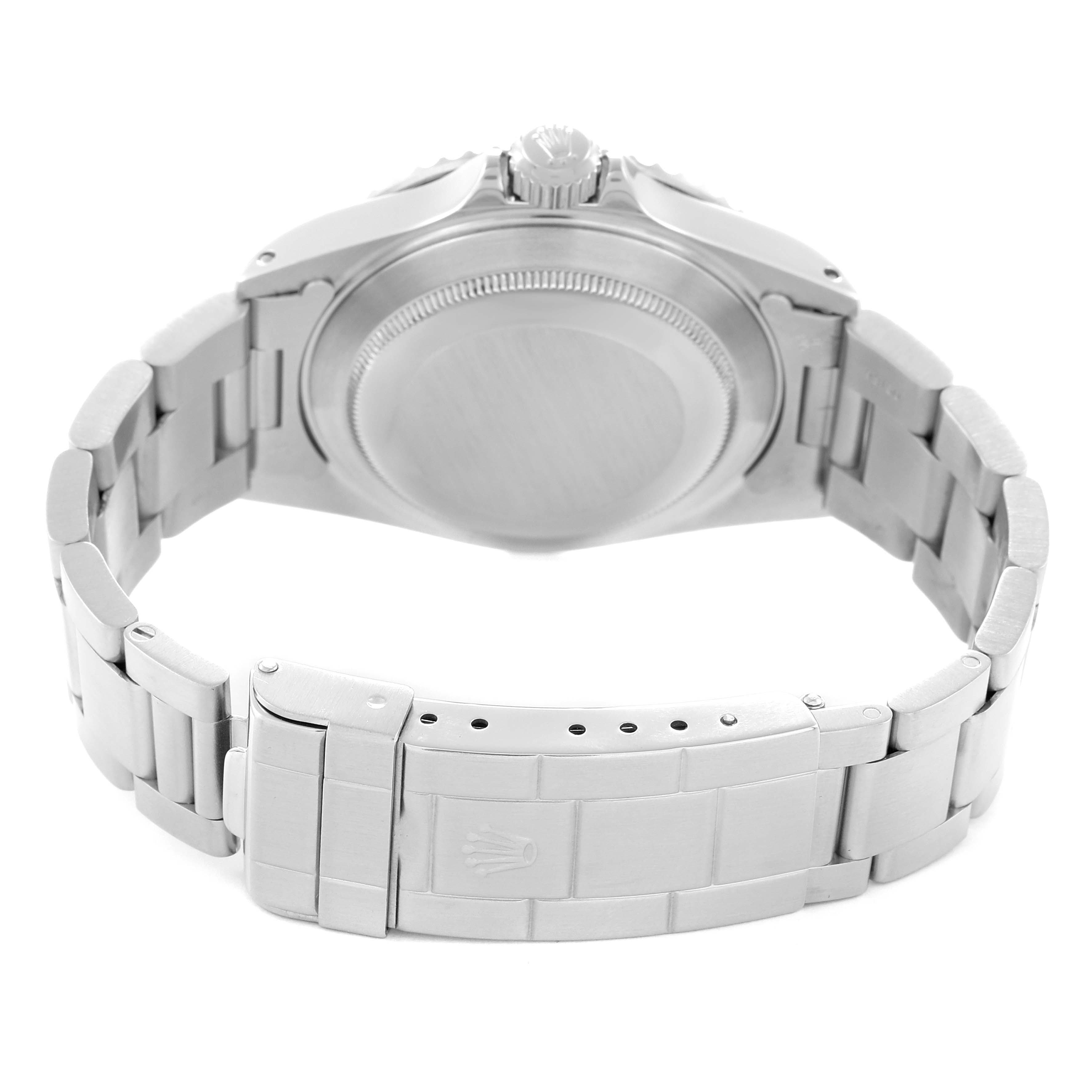 The image shows the back view of a Rolex Submariner model 14060 men
s watch, highlighting the caseback and stainless steel bracelet with the clasp.