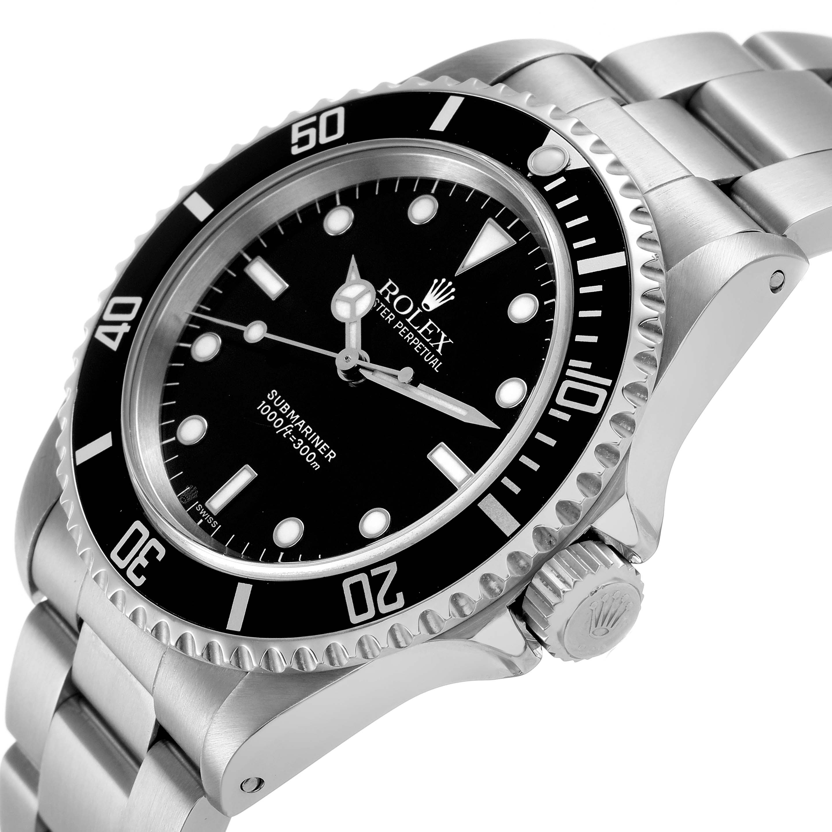 The Rolex Submariner 14060 Men's Stainless Steel Black Dial watch is shown at a slight angle, displaying the face, bezel, crown, and part of the bracelet.