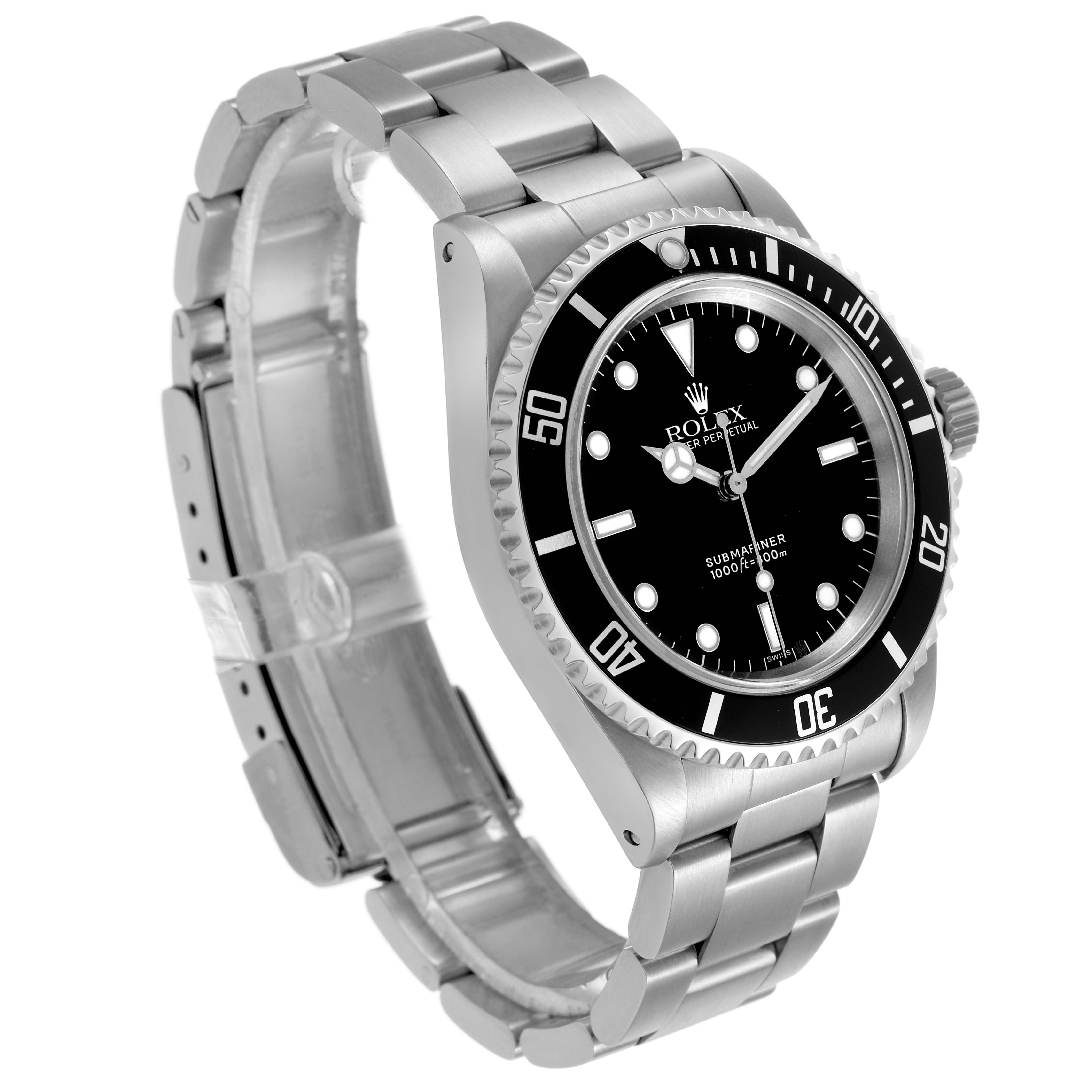 The Rolex Submariner 14060 Men's Stainless Steel Black Dial watch is shown at a three-quarter angle, highlighting the face, bezel, crown, and bracelet.
