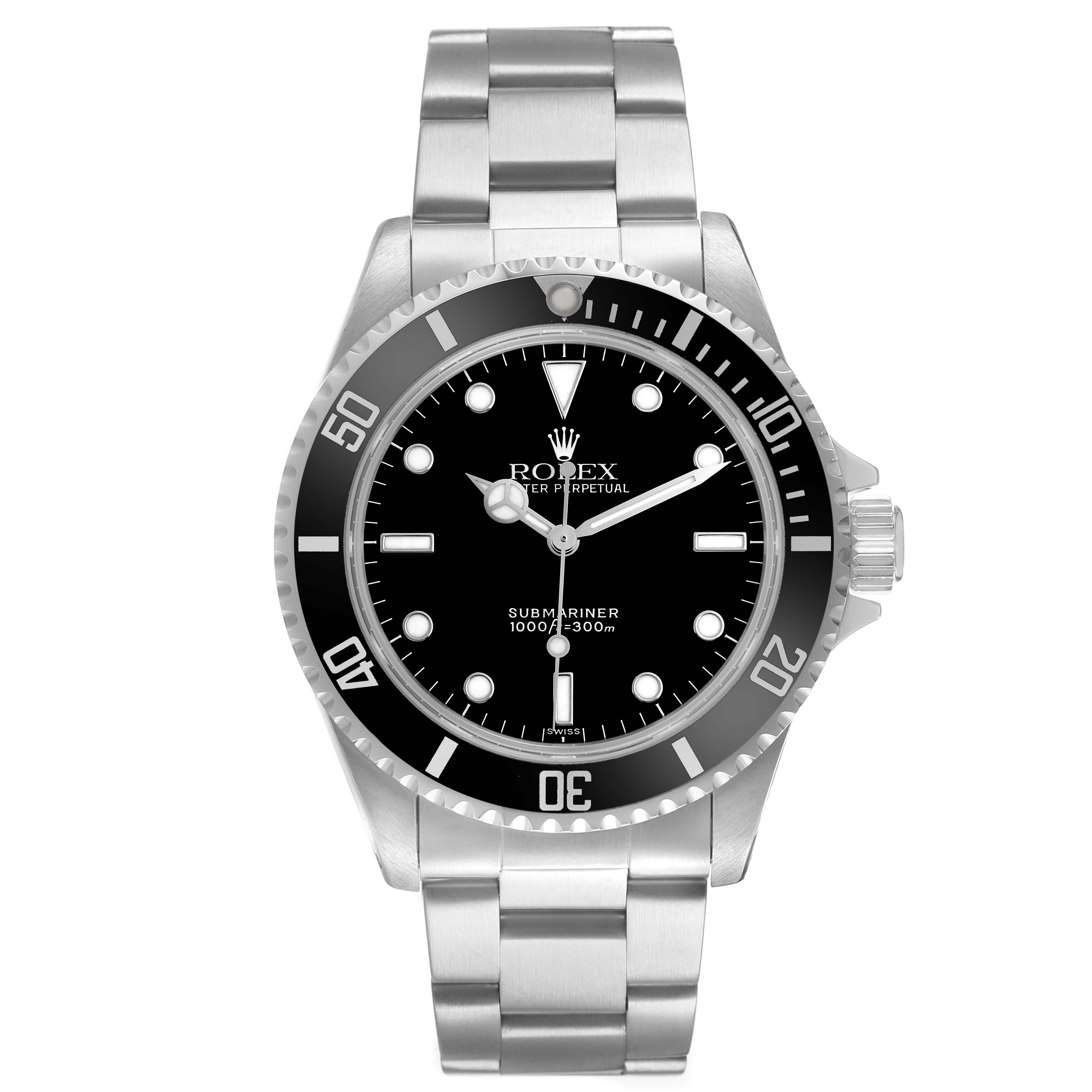 The Rolex Submariner 14060 Men's Stainless Steel Black Dial watch is shown from the front, highlighting the dial, bezel, bracelet, and crown.