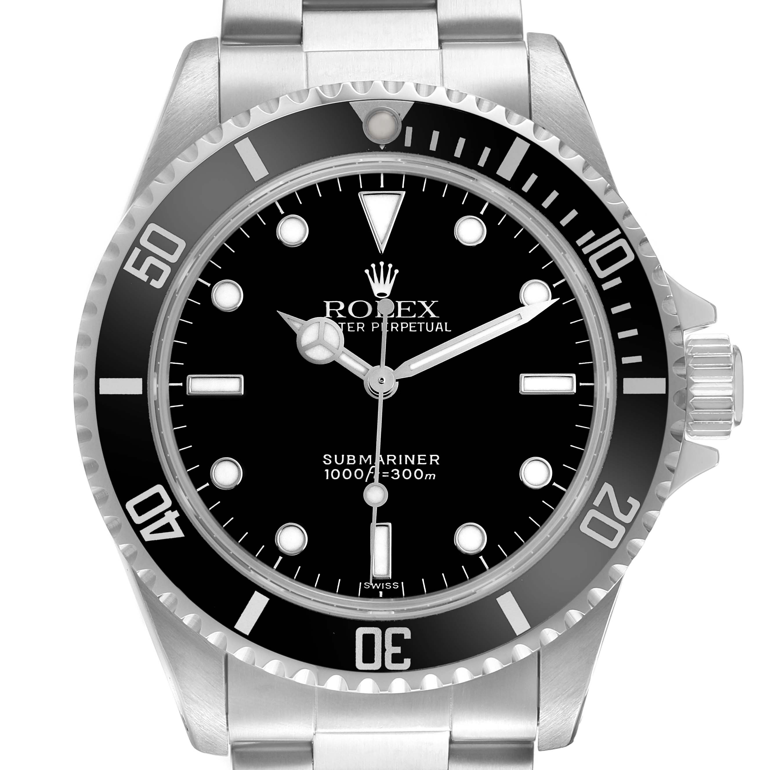 The Rolex Submariner 14060 Men's Stainless Steel Black Dial watch is shown from a front angle, displaying the dial, bezel, and part of the bracelet.