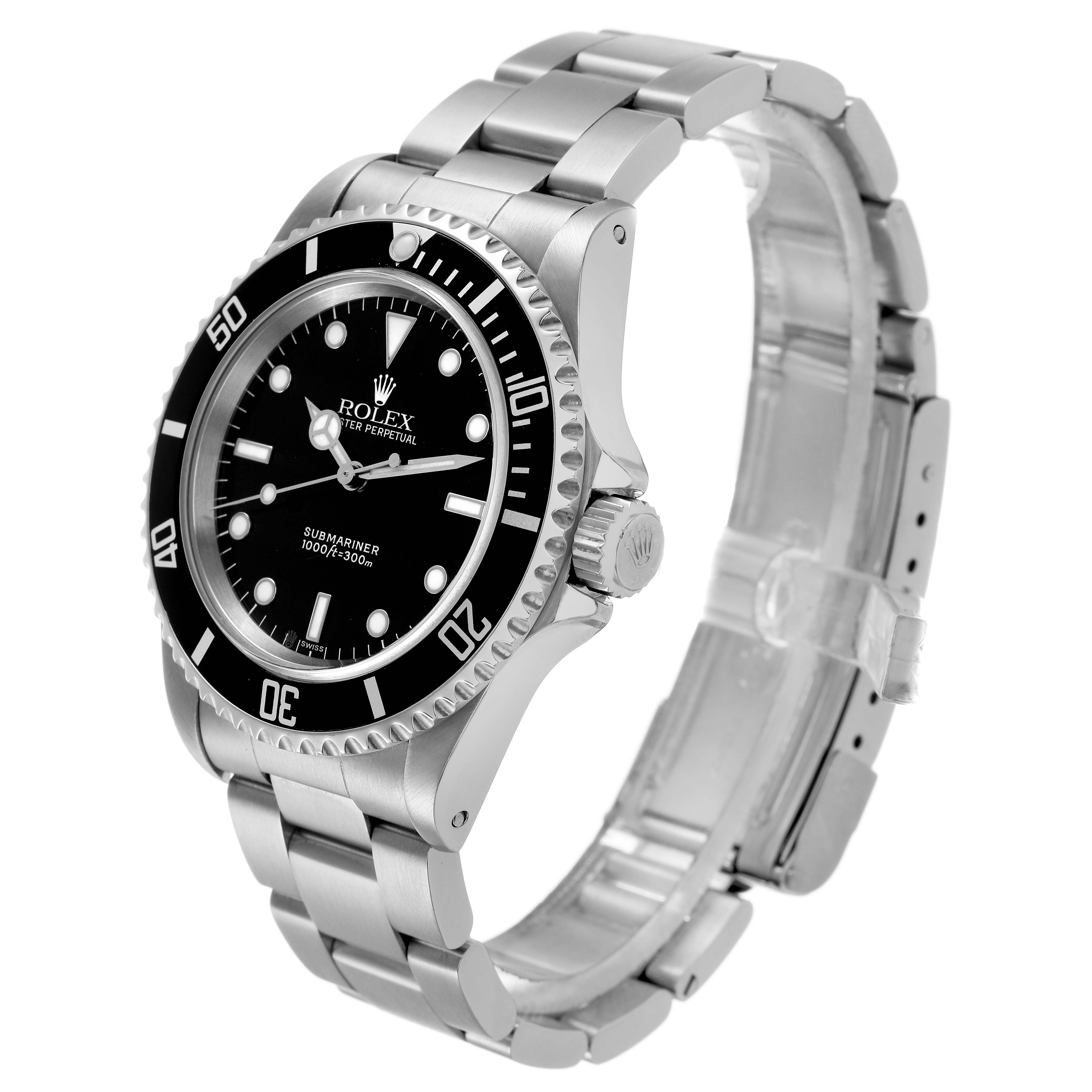 The Rolex Submariner 14060 Men's Stainless Steel Black Dial is shown at a three-quarter angle, highlighting the bezel, dial, crown, and bracelet.