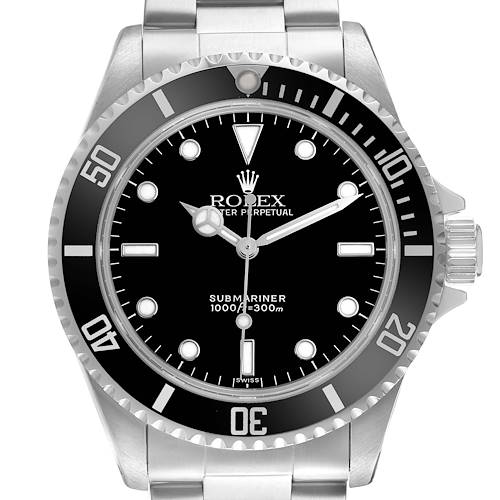 The Rolex Submariner 14060 Men's Stainless Steel Black Dial watch is shown from a front angle, displaying the dial, bezel, crown, and part of the bracelet.