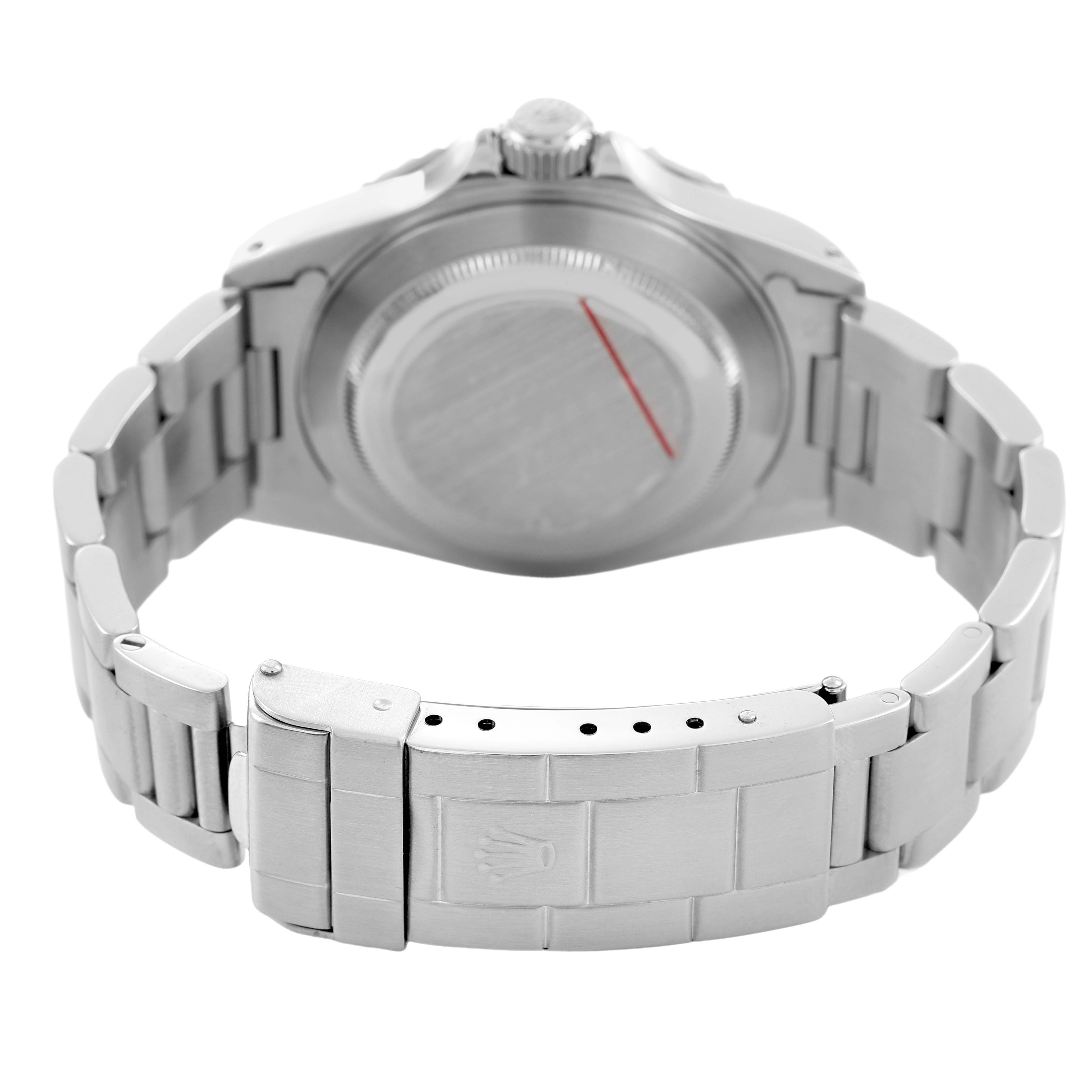 The image shows the back of a Rolex Submariner 14060 Men's Stainless Steel Black Dial watch, highlighting the clasp, bracelet, and case back.