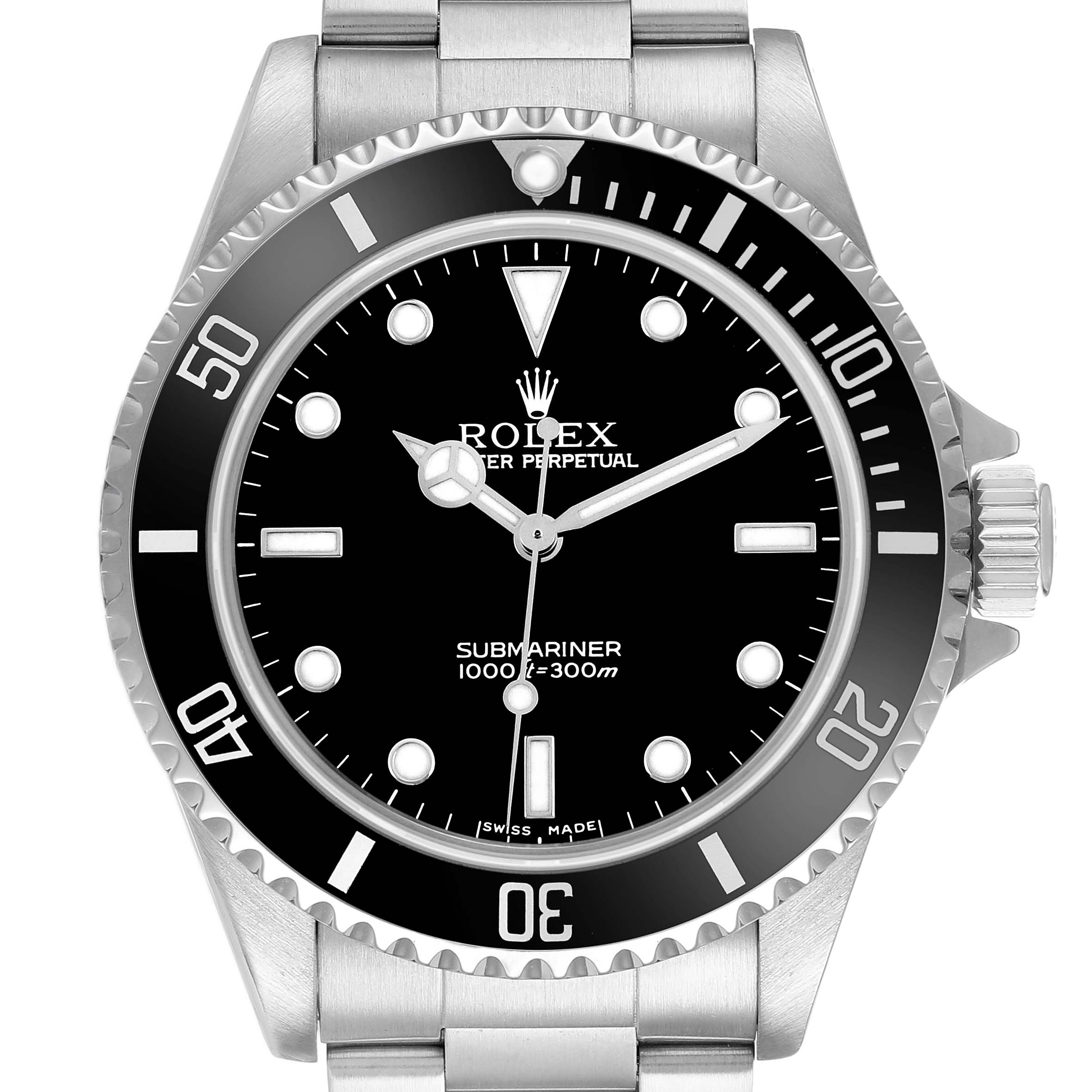 The Rolex Submariner 14060 Men's Stainless Steel Black Dial watch is shown from the front, highlighting the dial, bezel, crown, and part of the bracelet.