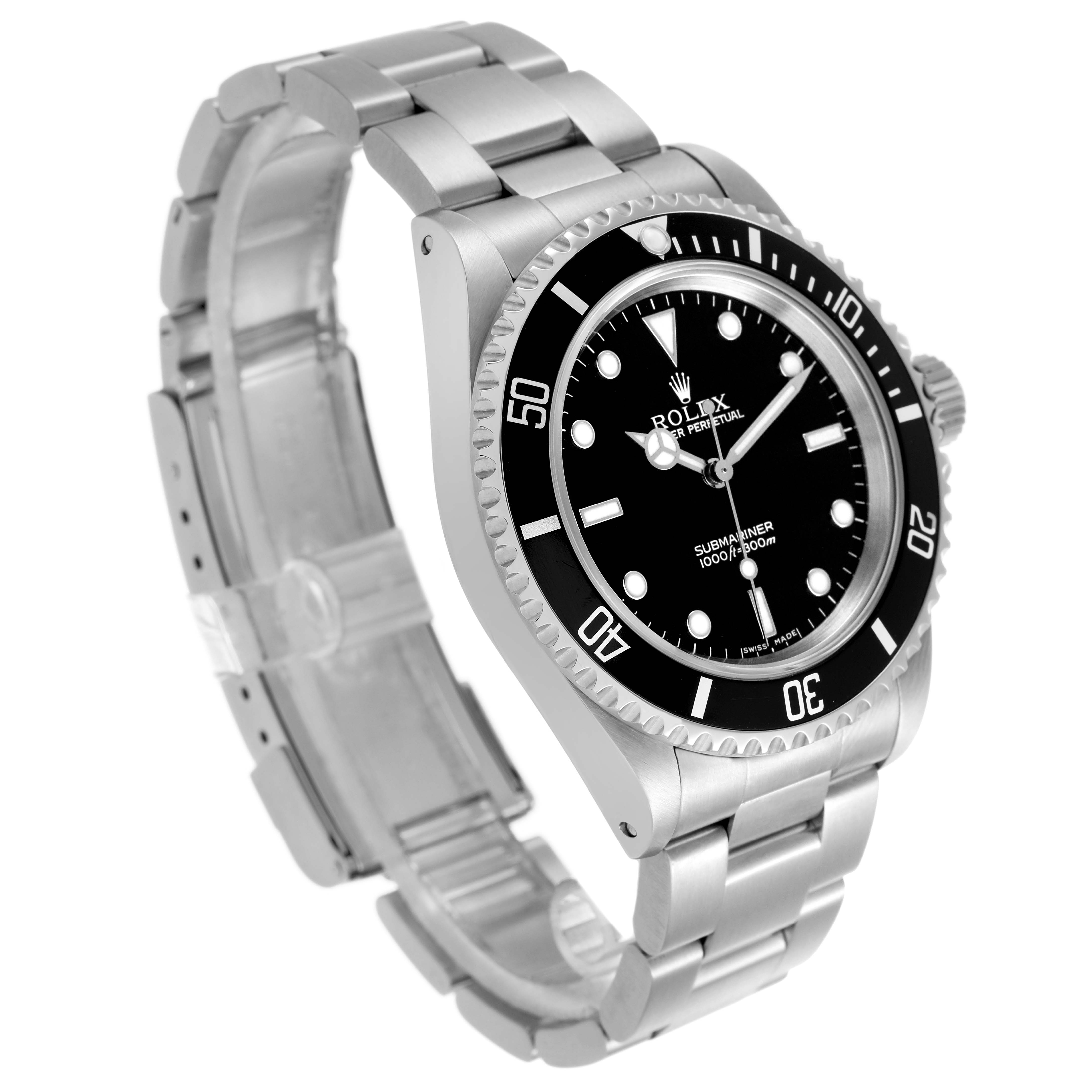 The Rolex Submariner 14060 Men's Stainless Steel Black Dial watch is displayed at a three-quarter angle, showcasing the bezel, dial, and stainless steel bracelet.