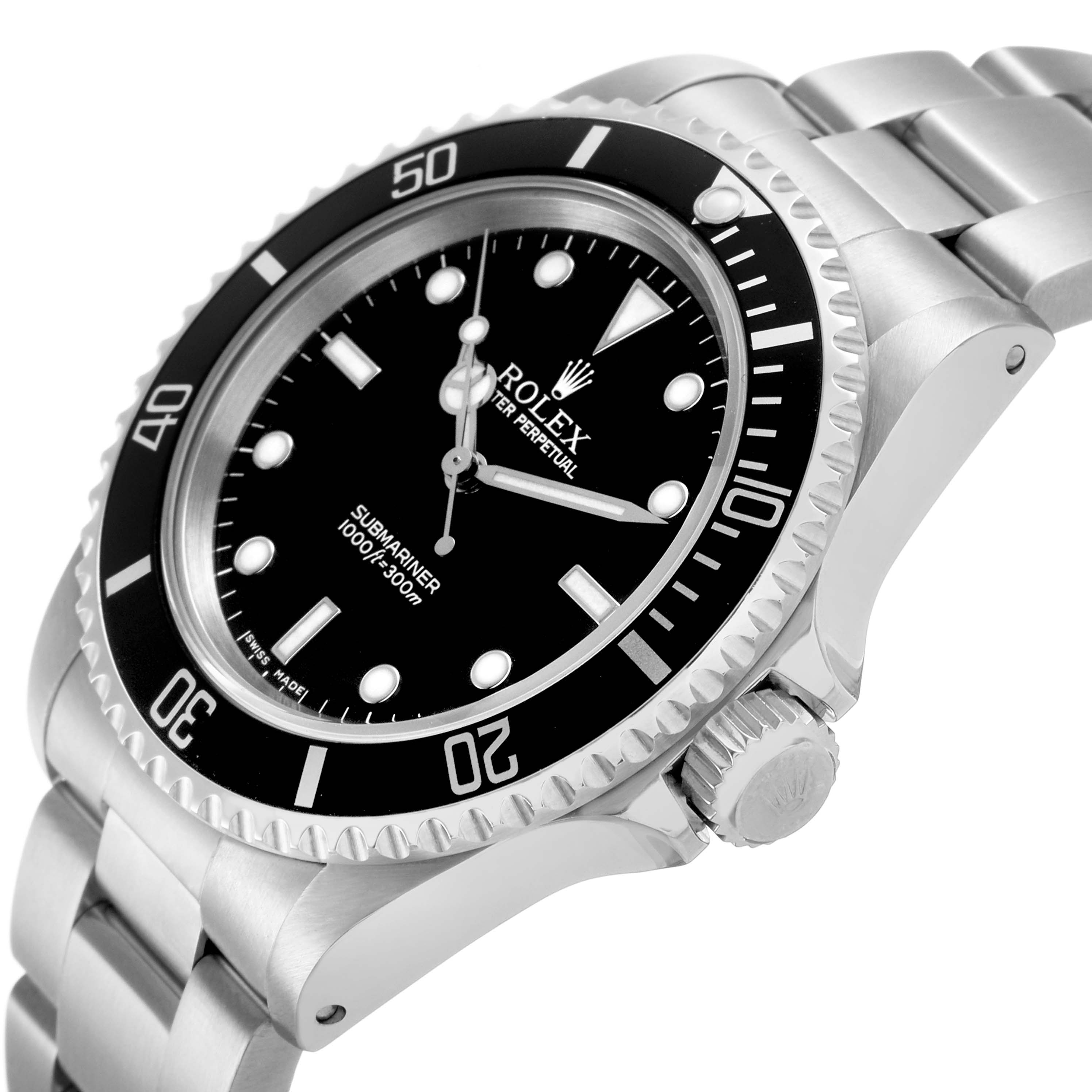 The Rolex Submariner 14060 Men's Stainless Steel Black Dial is shown at a three-quarter angle, highlighting the bezel, crown, and part of the bracelet.