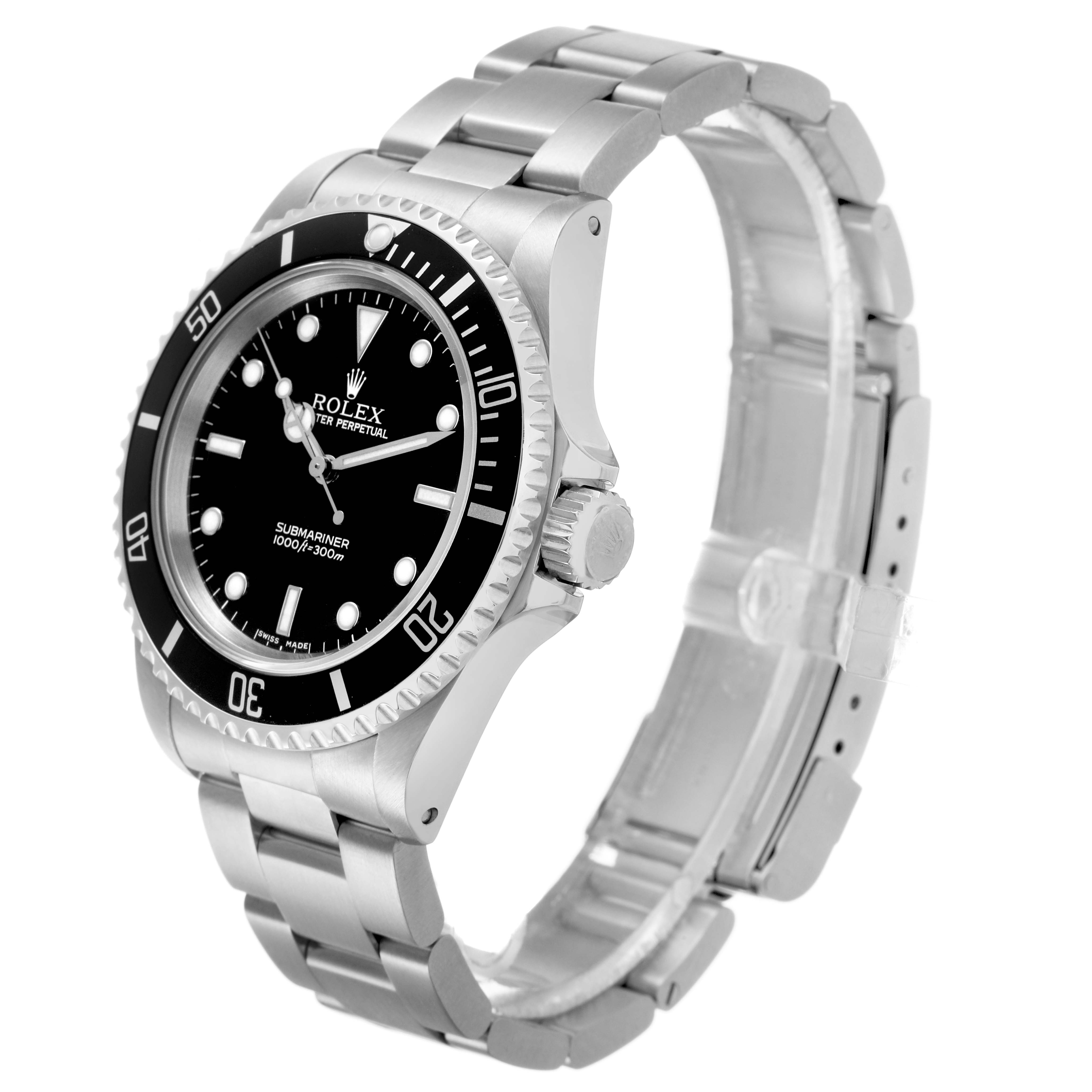 The Rolex Submariner 14060 Men's Stainless Steel Black Dial is shown at a three-quarter angle, highlighting the bezel, crown, bracelet, and face.