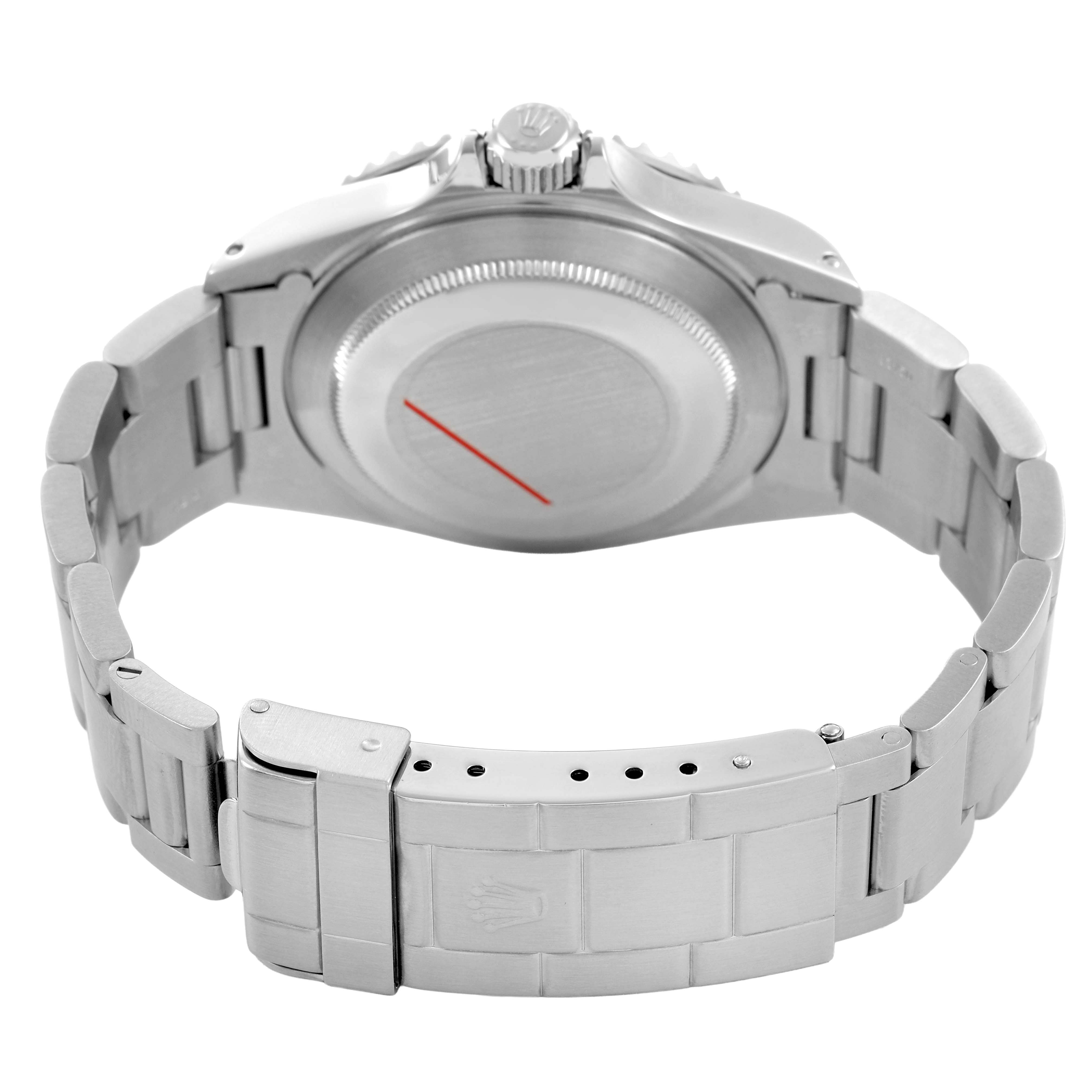 The image shows the backside of a Rolex Submariner 14060 Men's Stainless Steel Black Dial, highlighting the case back, bracelet, and clasp at an angle.