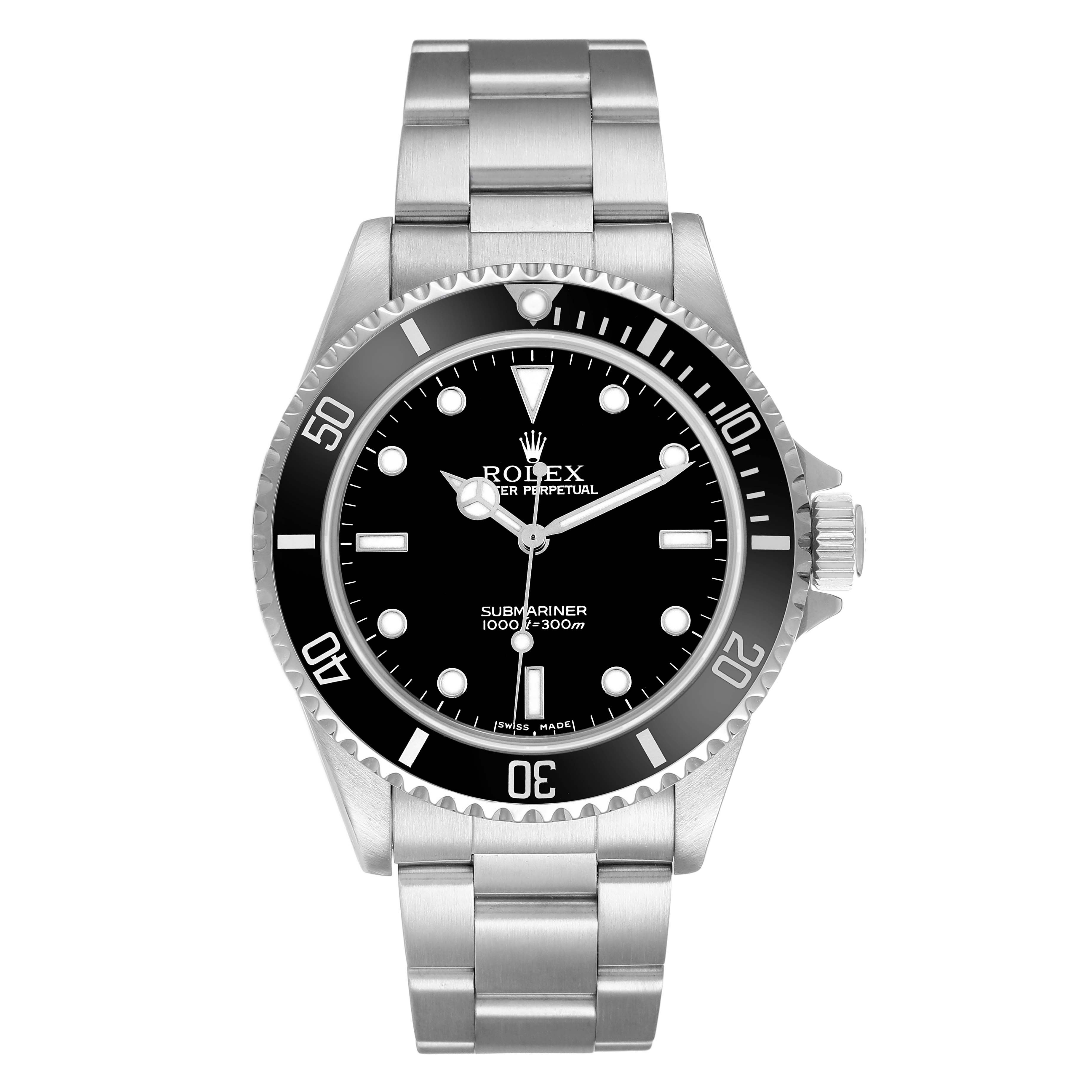 The Rolex Submariner 14060 Men's Stainless Steel Black Dial watch is shown from a front angle, displaying the dial, bezel, and bracelet.