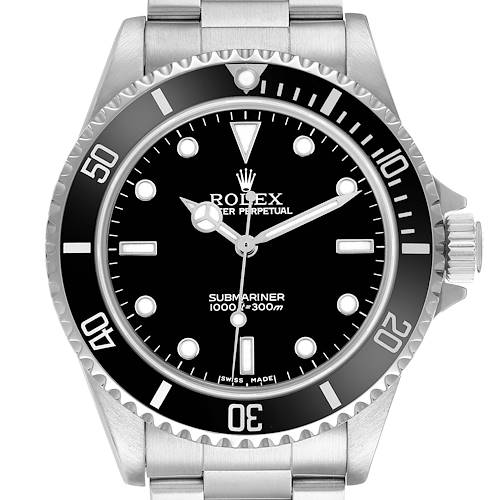 The Rolex Submariner 14060 Men's Stainless Steel Black Dial watch is shown from a front angle, highlighting the bezel, dial, and crown.