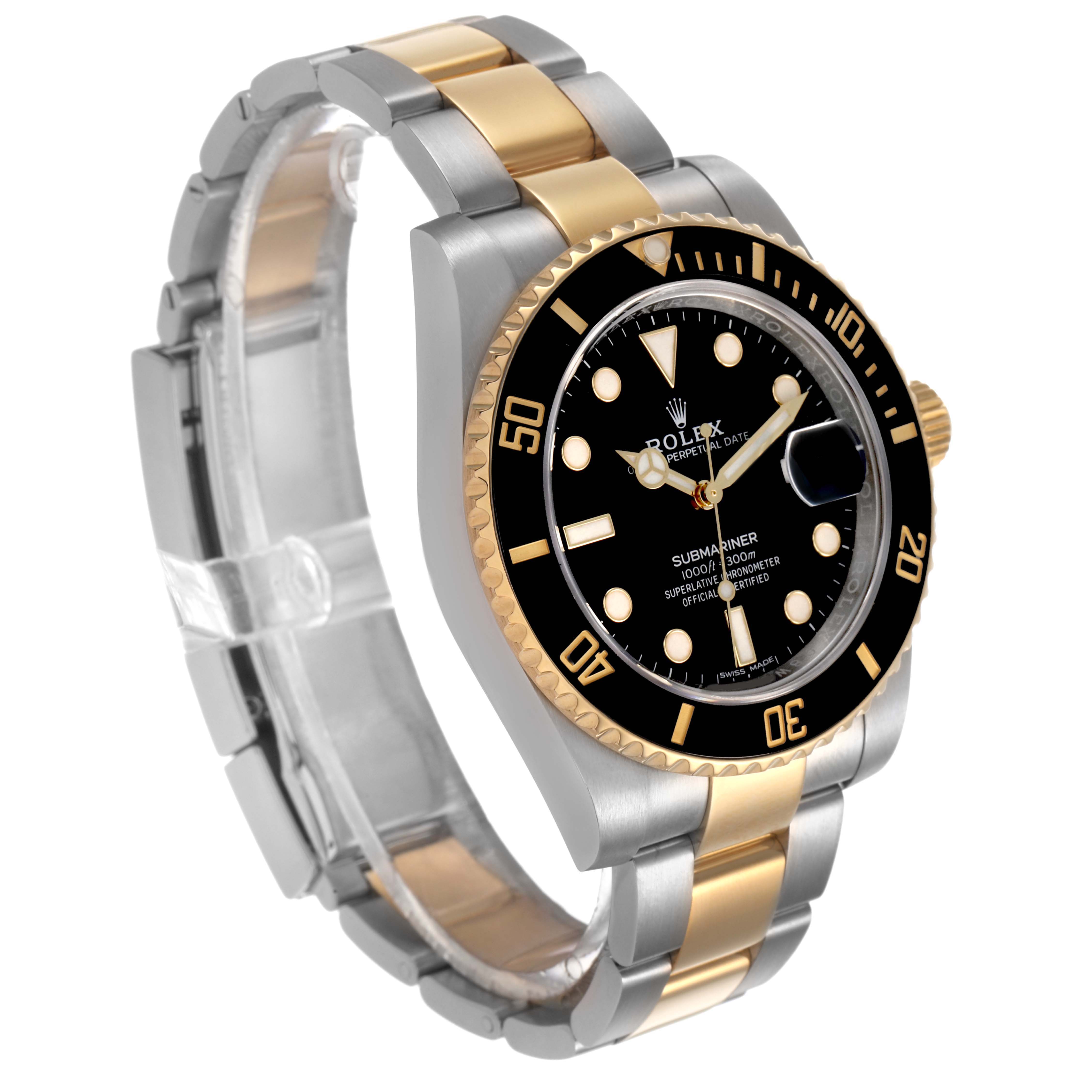 The Rolex Submariner 116613 Men's Steel and Gold (two tone) Black Dial is shown at a side angle, highlighting the face, bezel, and two-tone bracelet.