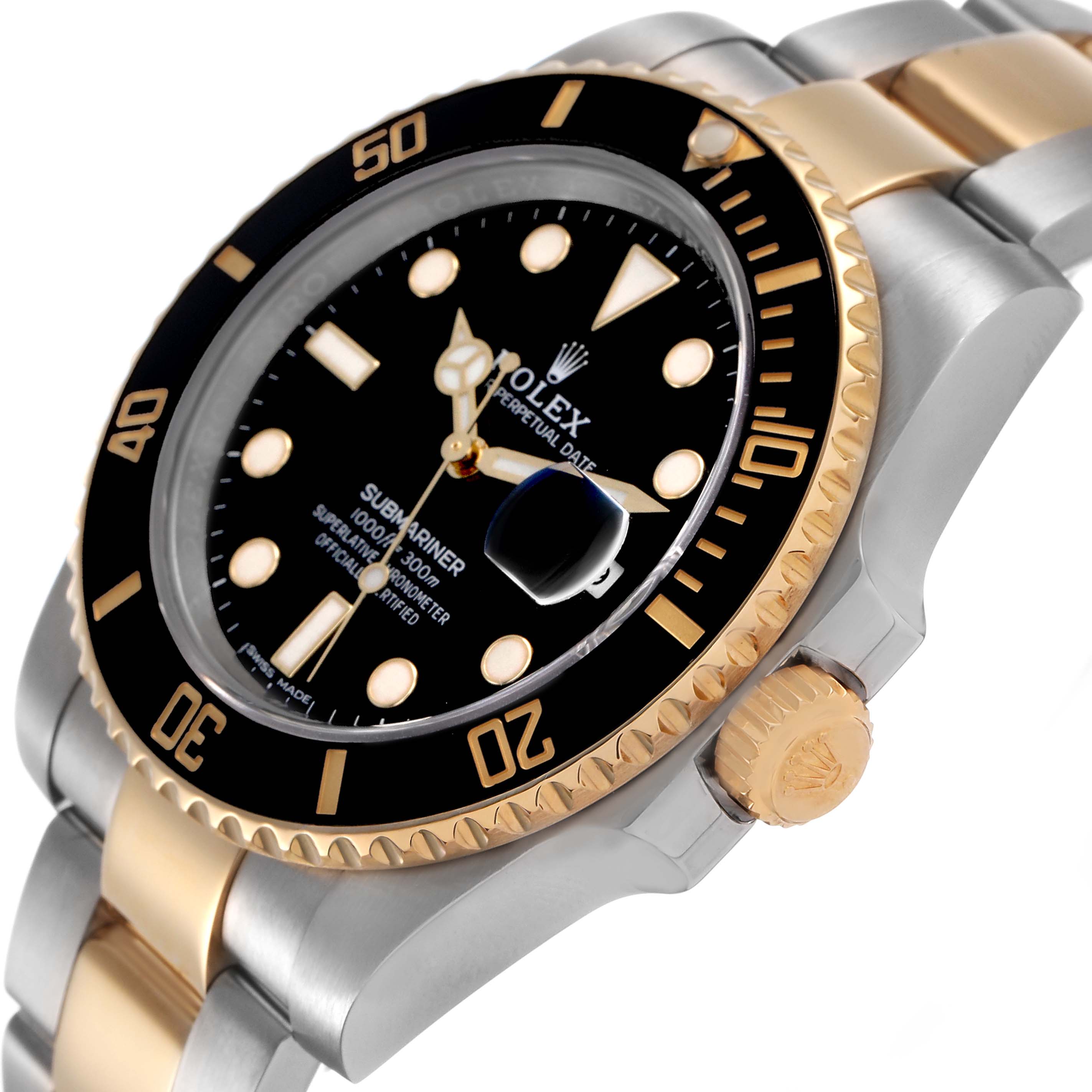 The image shows a Rolex Submariner 116613 Men's Steel and Gold (two tone) Black Dial watch from an angled side view, highlighting its bezel, dial, crown, and two-tone bracelet.