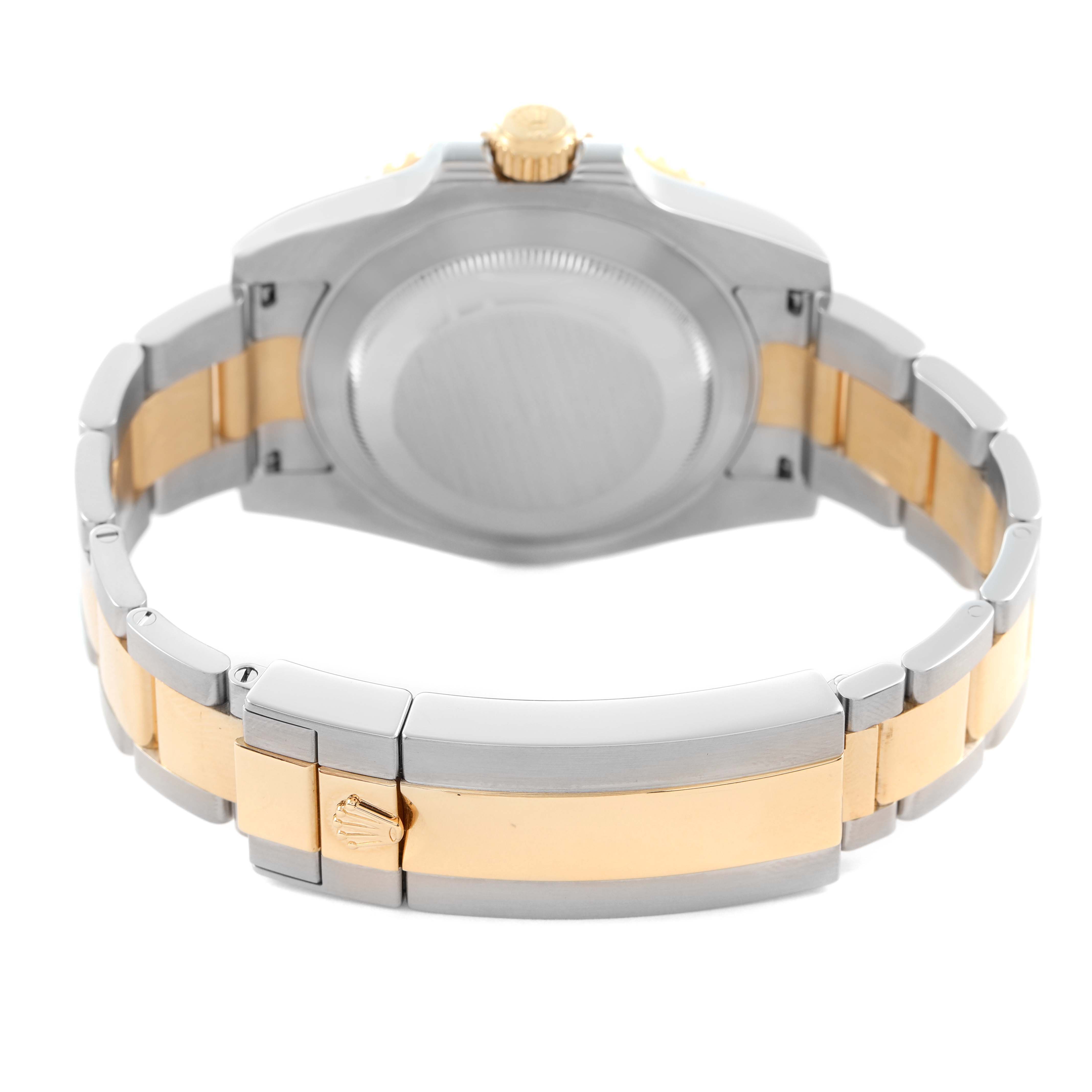 The image shows the back view of a Rolex Submariner 116613 Men's Steel and Gold (two tone) Black Dial, highlighting the bracelet, clasp, and case back.