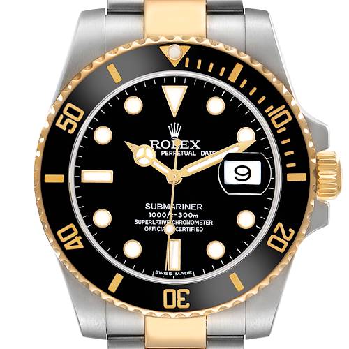 The Rolex Submariner 116613 Men's Steel and Gold (two tone) Black Dial watch is shown from the front, displaying the face, bezel, crown, and part of the bracelet.