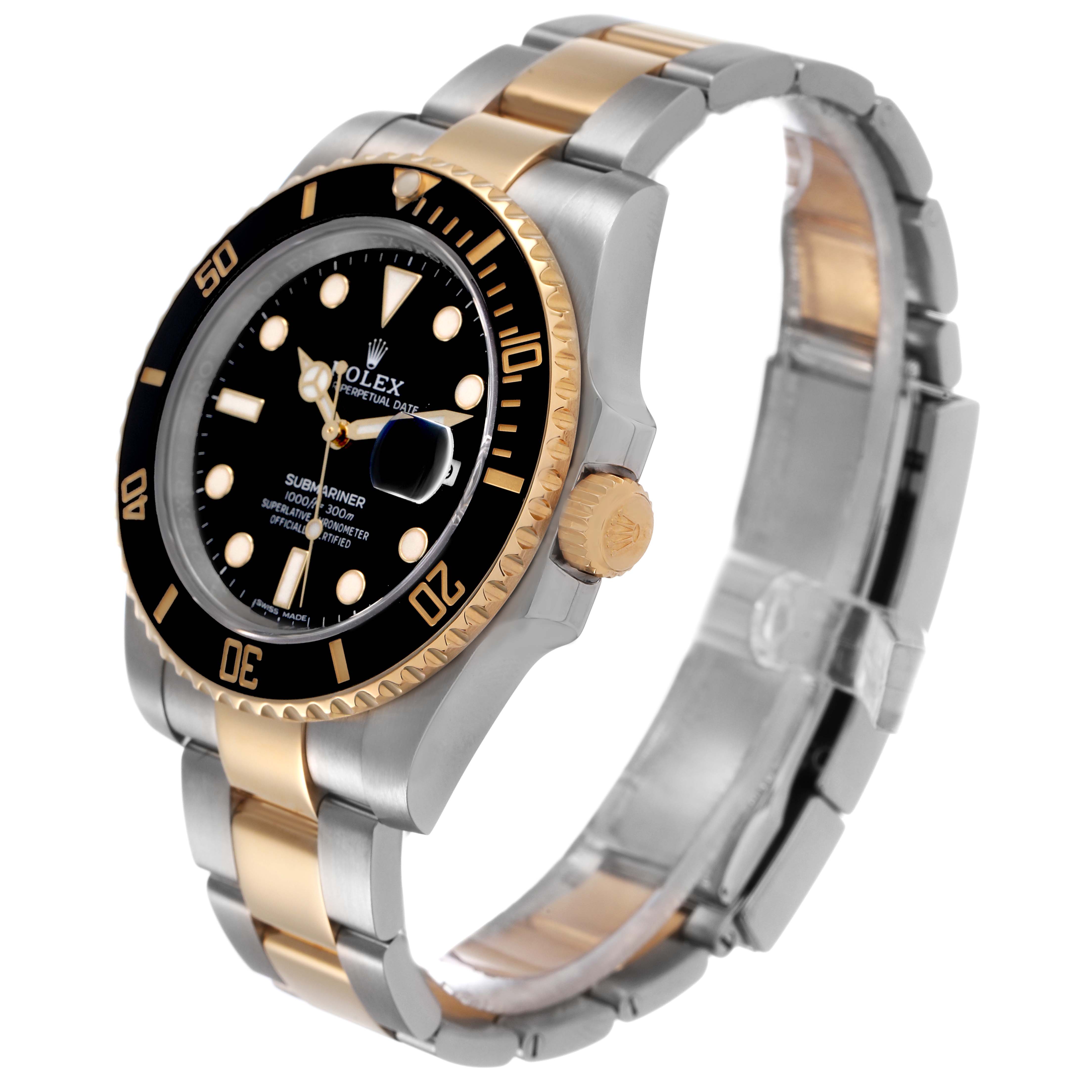 The Rolex Submariner 116613 Men's Steel and Gold (two tone) Black Dial watch is shown at a side angle, highlighting its two-tone bracelet and black dial with a magnified date window.