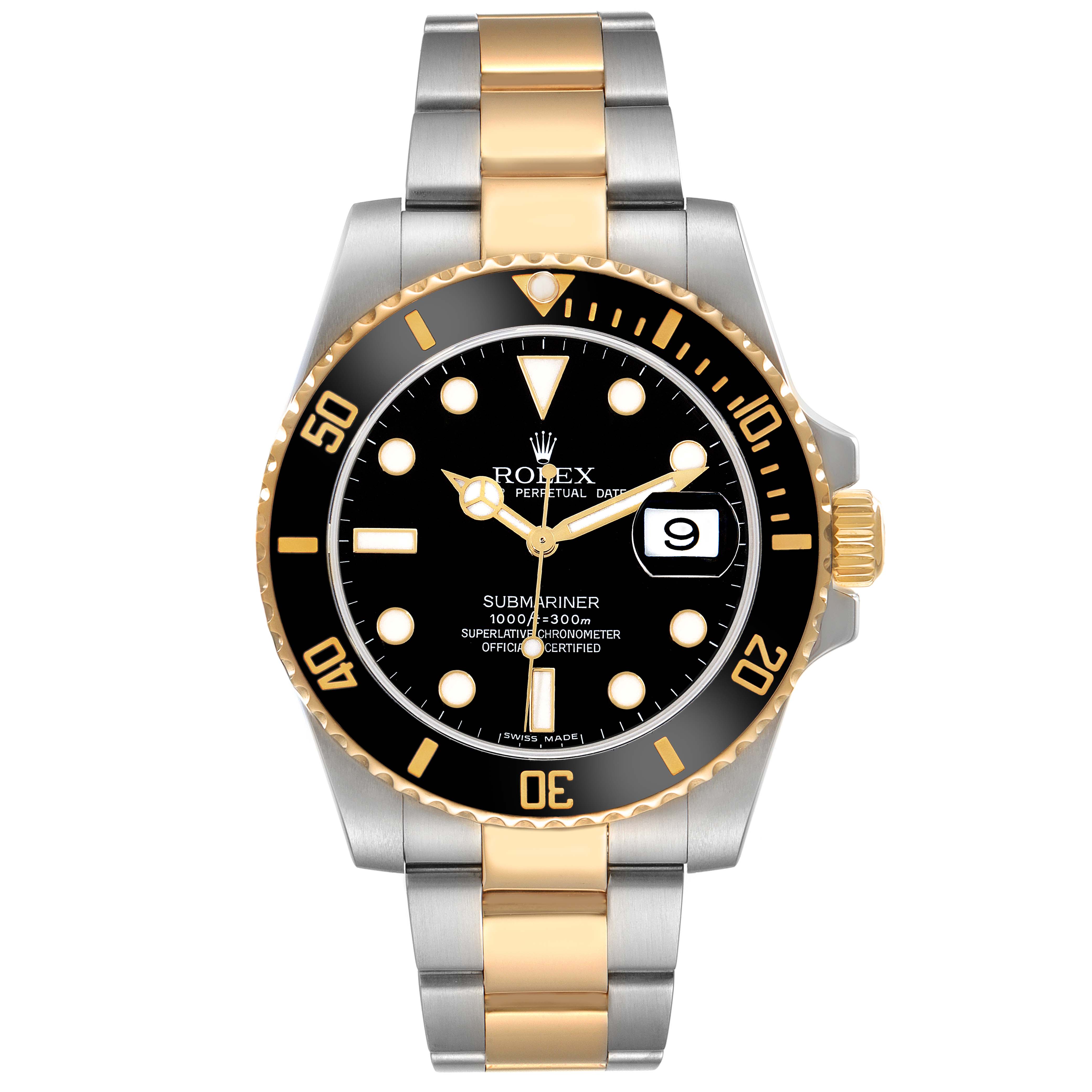 The image shows a Rolex Submariner 116613 Men's Steel and Gold (two tone) Black Dial from the front, highlighting the black dial, gold bezel, and two-tone bracelet.